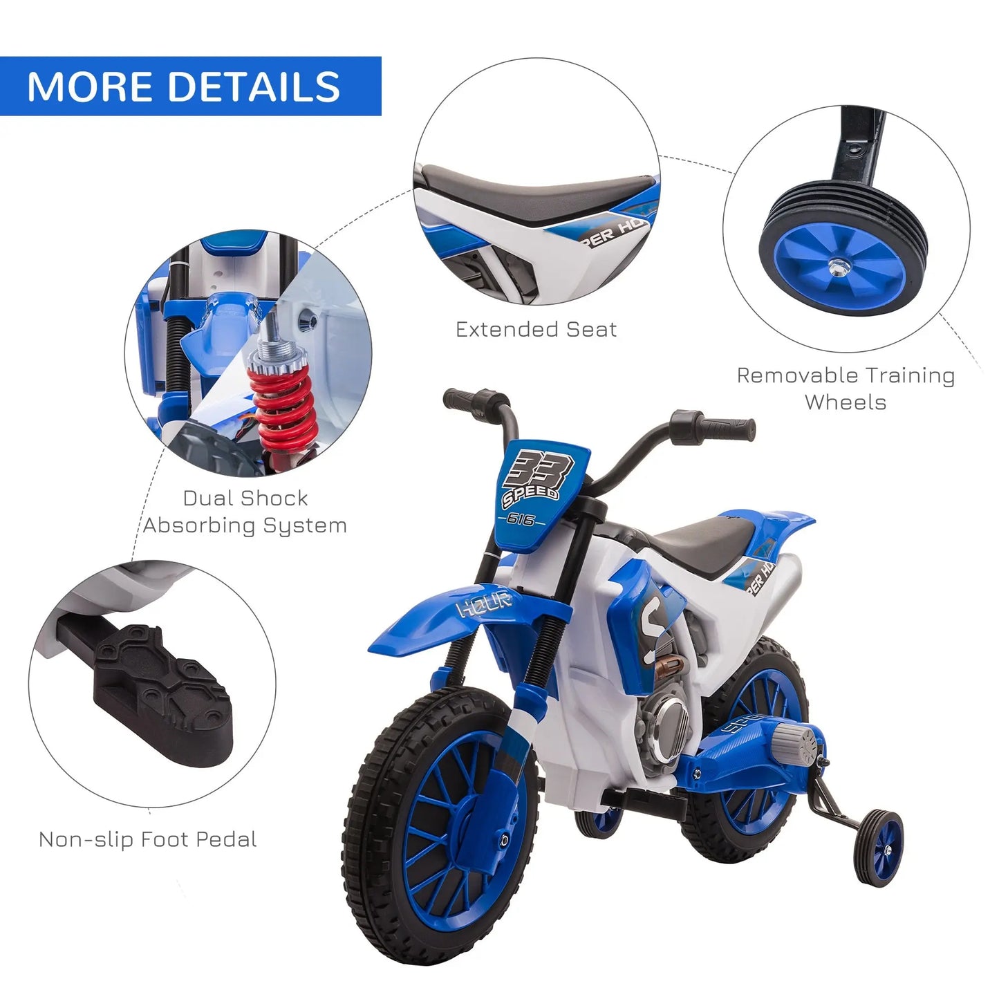 Kids,Aosom 12V Kids Motorcycle Dirt Bike Electric Battery-Powered Ride-On Toy Off-road Street Bike with Charging Battery, Training Wheels Blue Doba