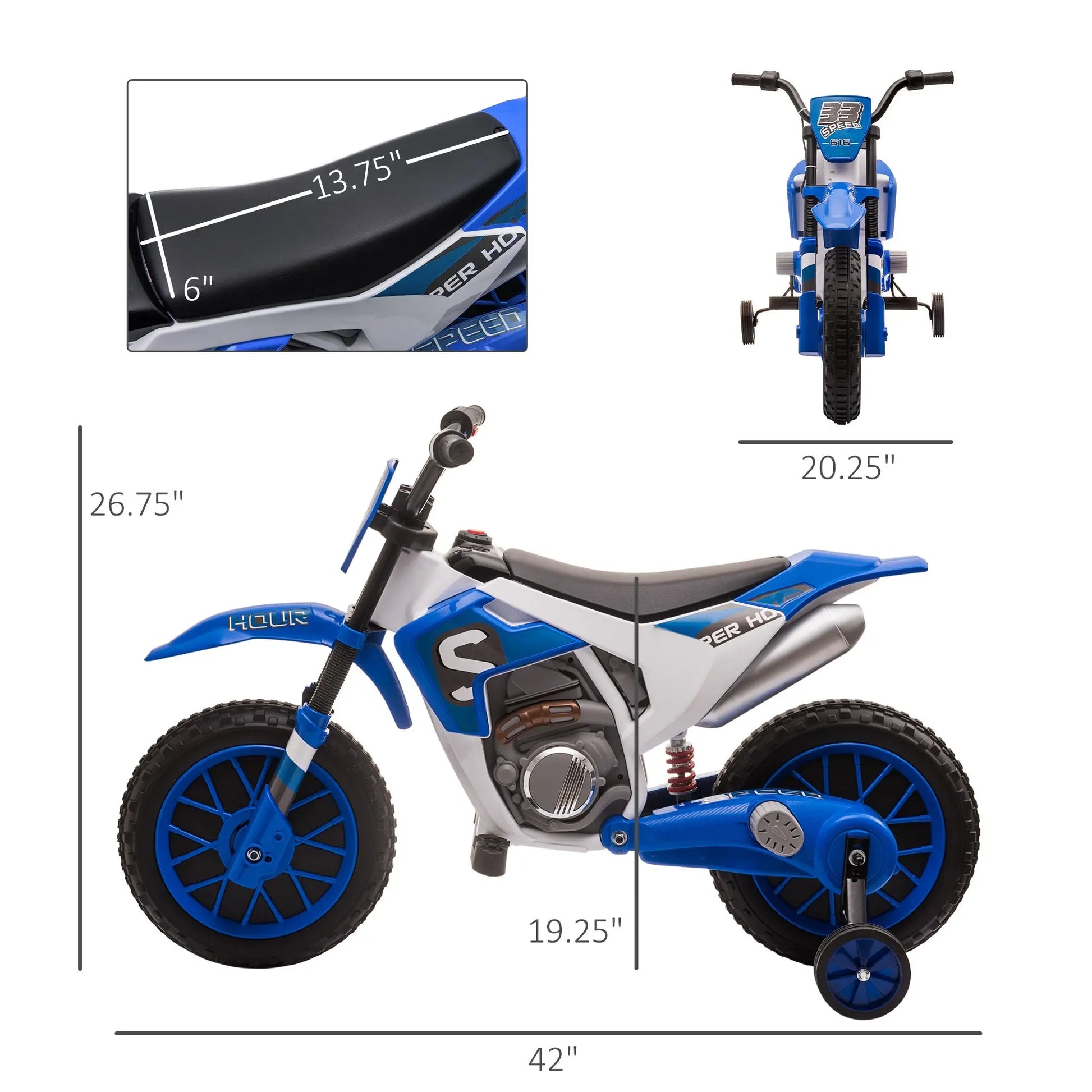 Kids,Aosom 12V Kids Motorcycle Dirt Bike Electric Battery-Powered Ride-On Toy Off-road Street Bike with Charging Battery, Training Wheels Blue Doba