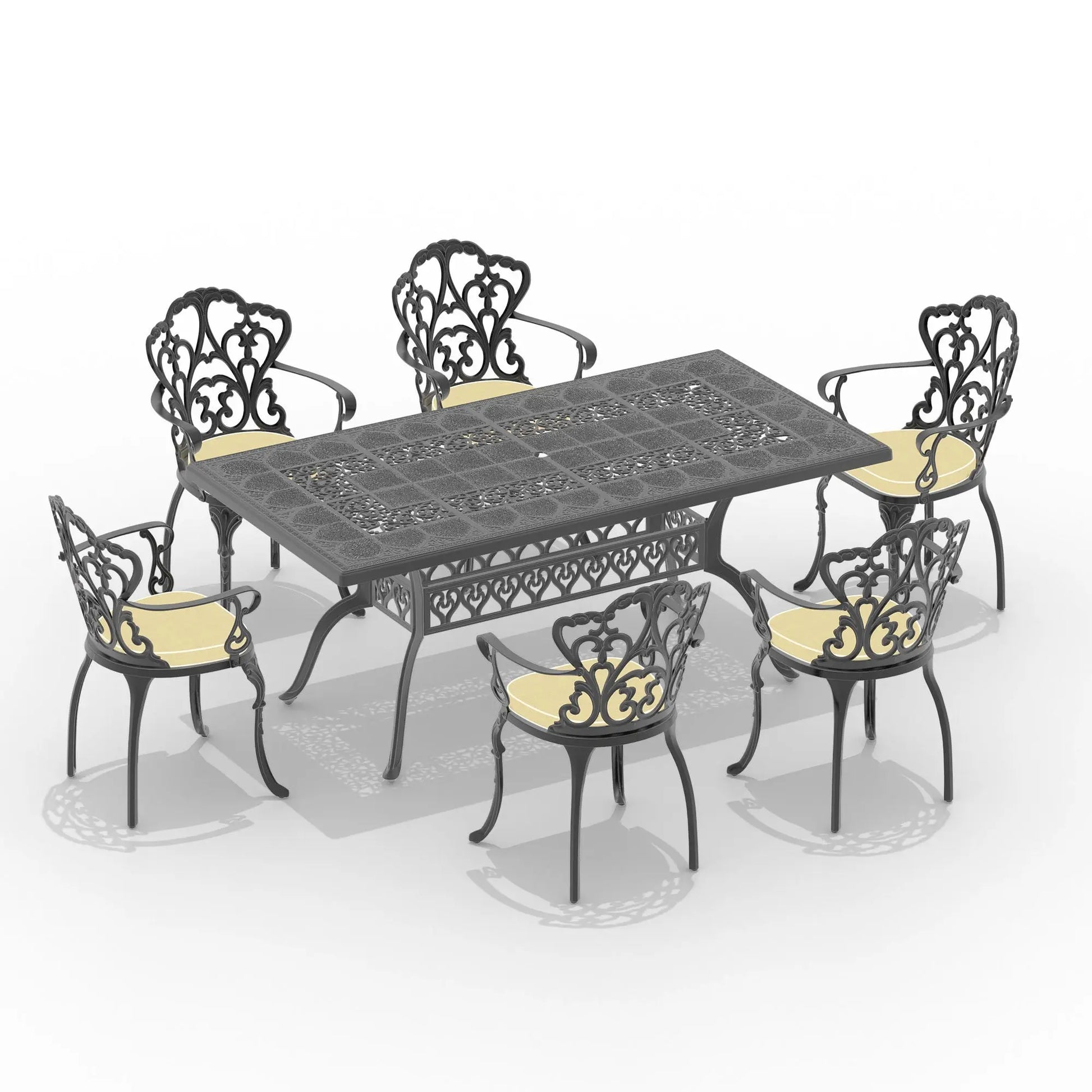 L70xW36-inch Cast Aluminum Patio Dining Table with Black Frame and Umbrella Hole Doba