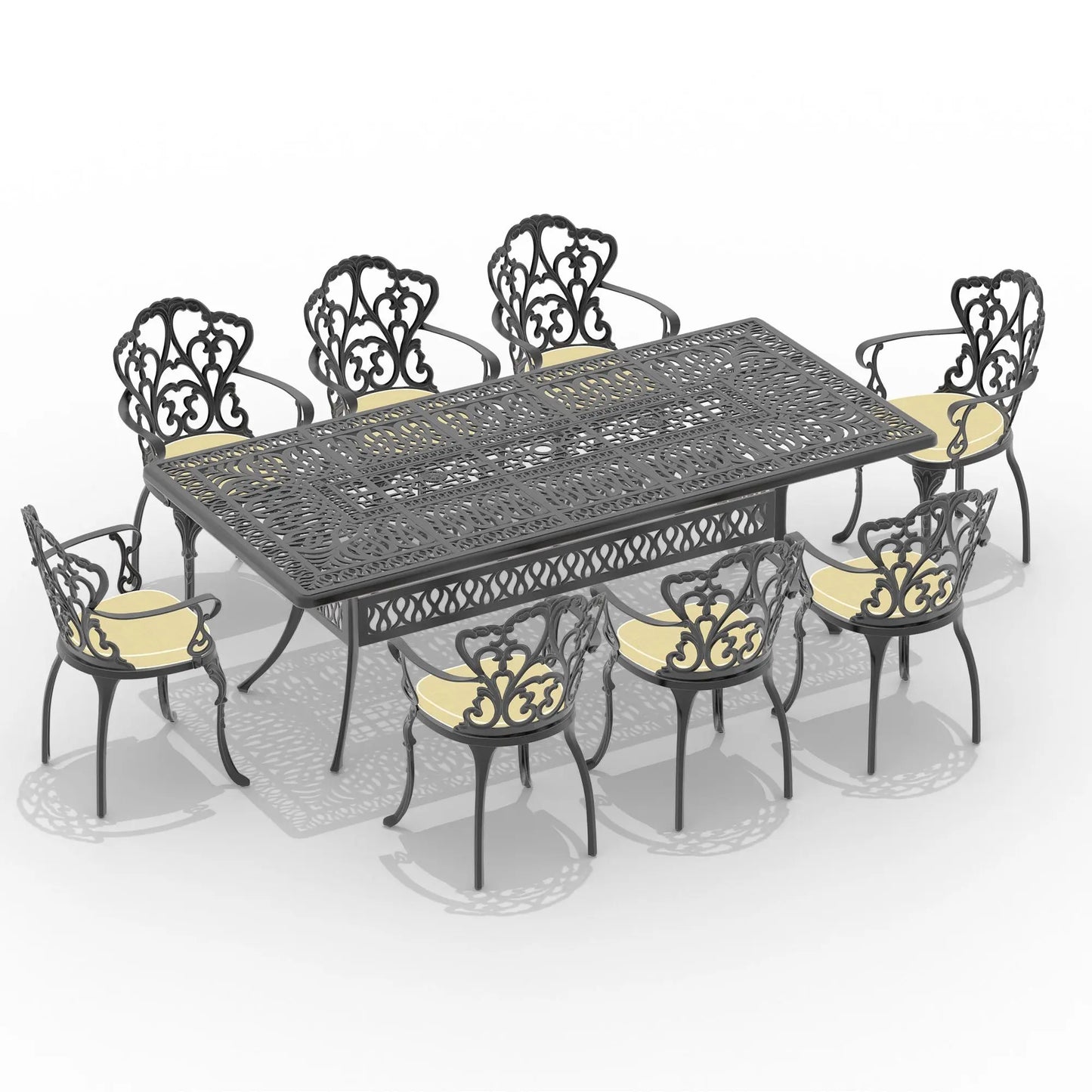 L86.61*W42.32-inch Oval Cast Aluminum Patio Dining Table with Black Frame and Umbrella Hole Doba