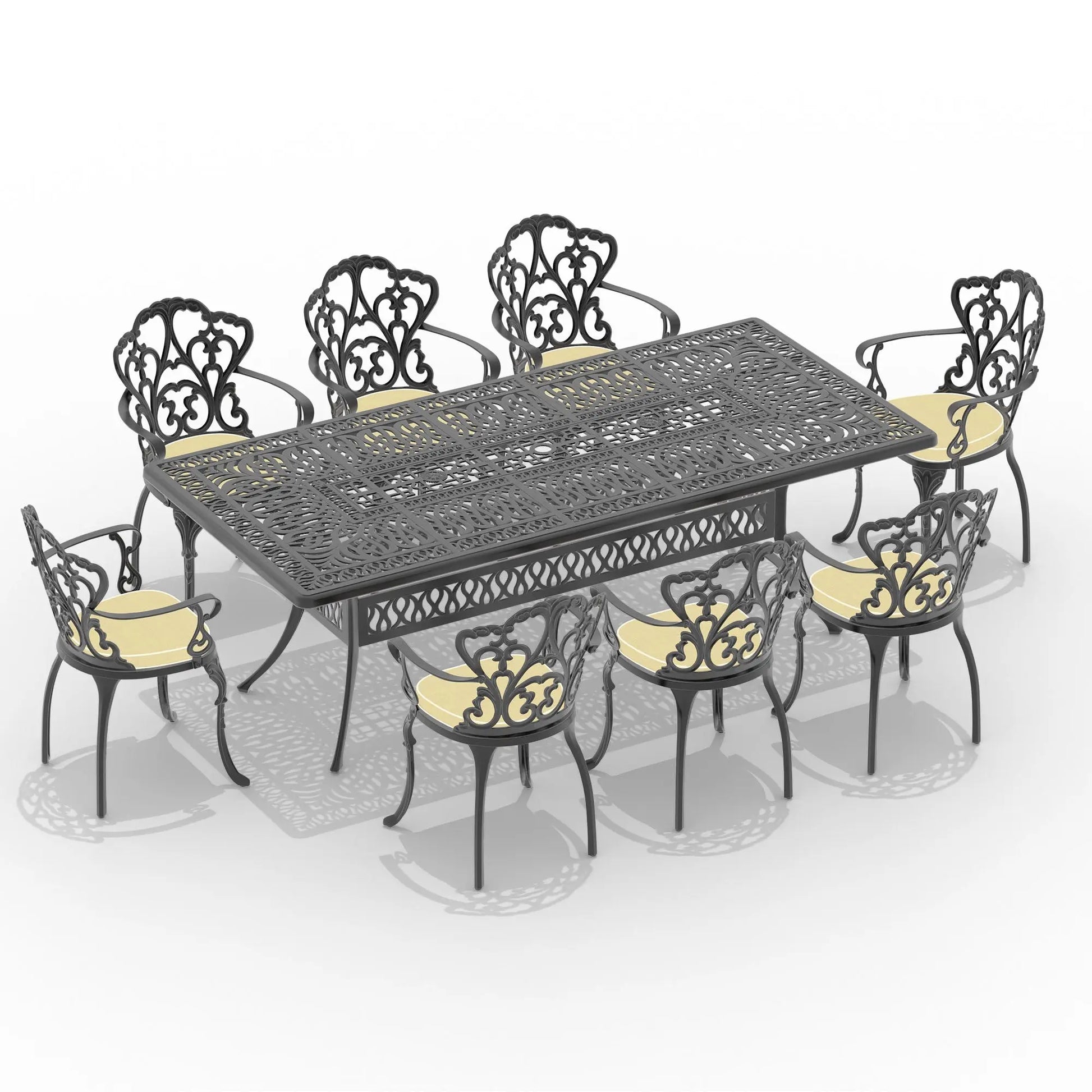 L86.61*W42.32-inch Oval Cast Aluminum Patio Dining Table with Black Frame and Umbrella Hole Doba