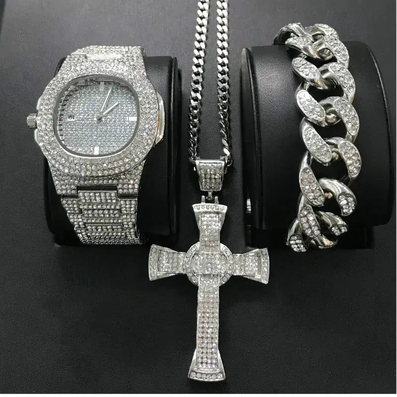 Luxury Hip Hop Diamond Cross Jewelry Combo Set American Roasting Company