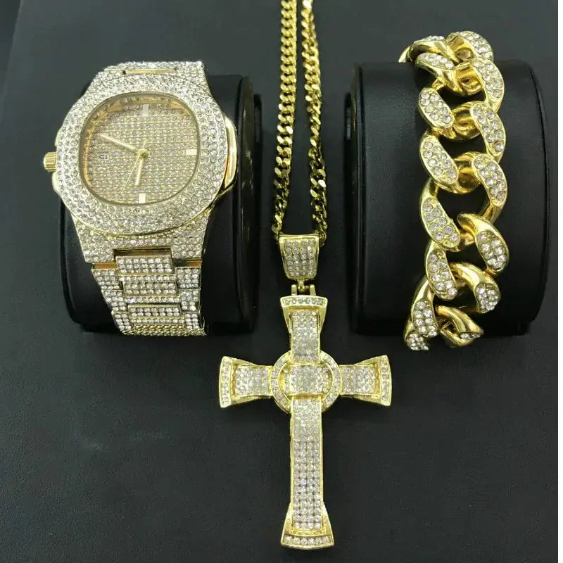 Luxury Hip Hop Diamond Cross Jewelry Combo Set American Roasting Company