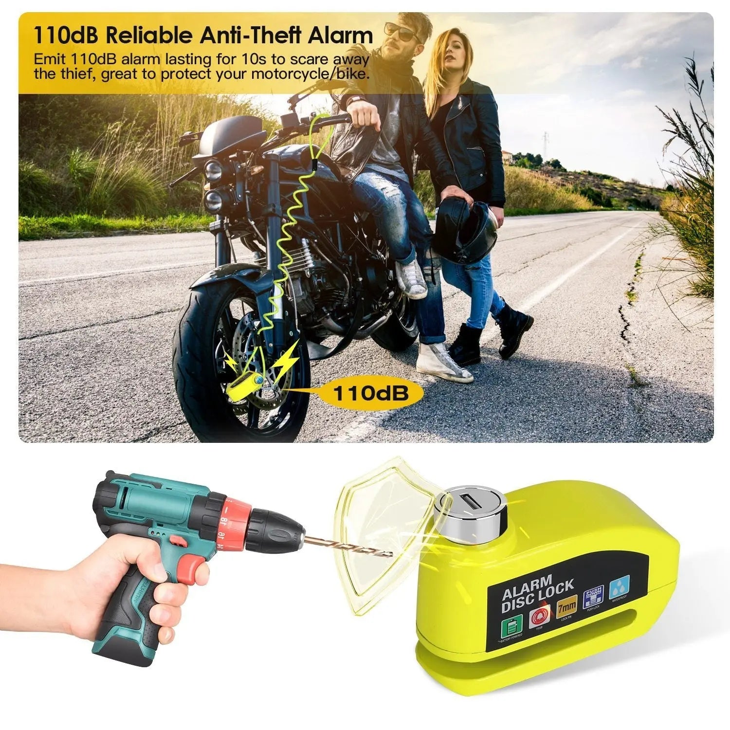 Motorcycle Disc Lock Alarm Anti-theft Brake Disc Lock Wheel Alarm Security Lock with 110dB Alarm 2 Keys 3.94FT Reminder Cable for Motorbike Bike Scooter, Moped Wheel Lock Doba