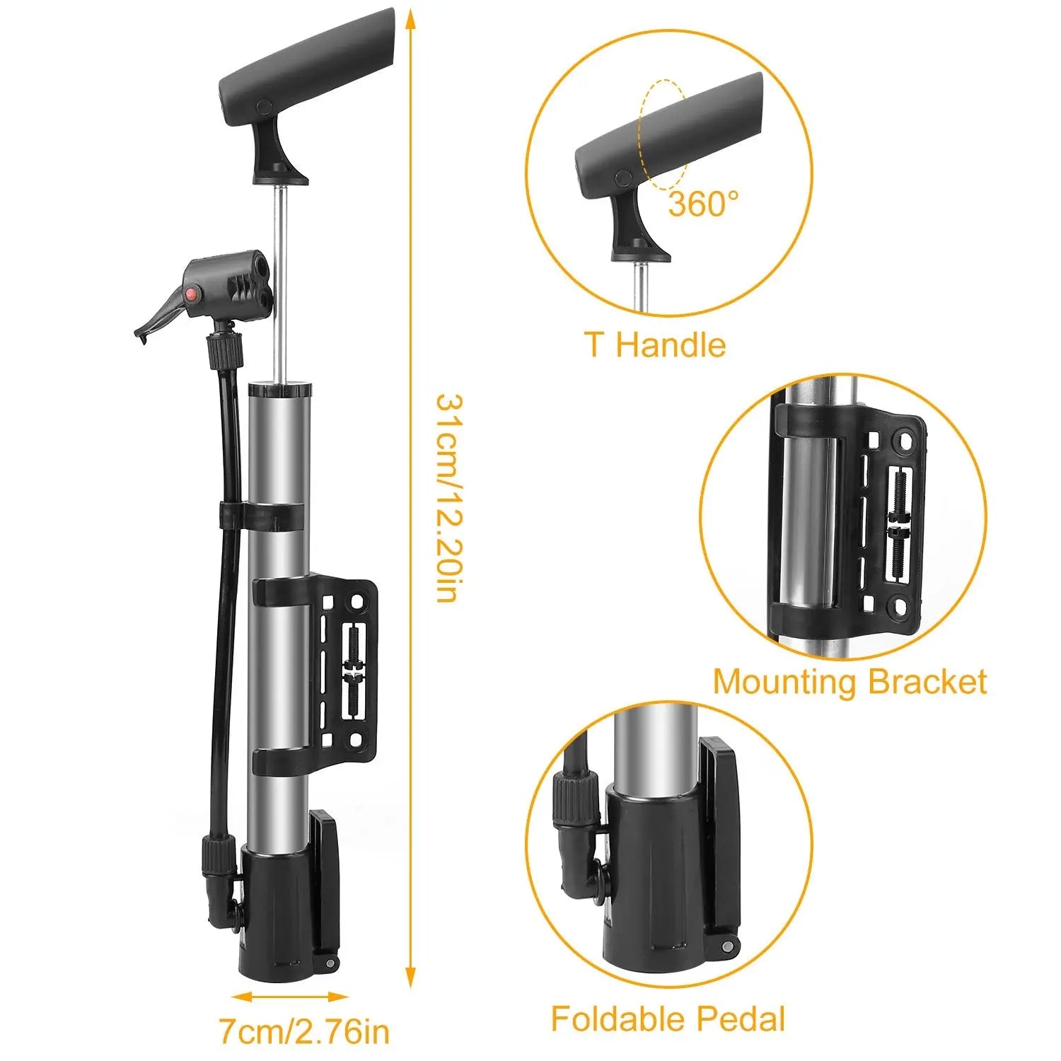 Mini Bike Pump Portable Bicycle Tire Inflator Ball Air Pump w/ Mount Frame For Mountain Road Bike Doba