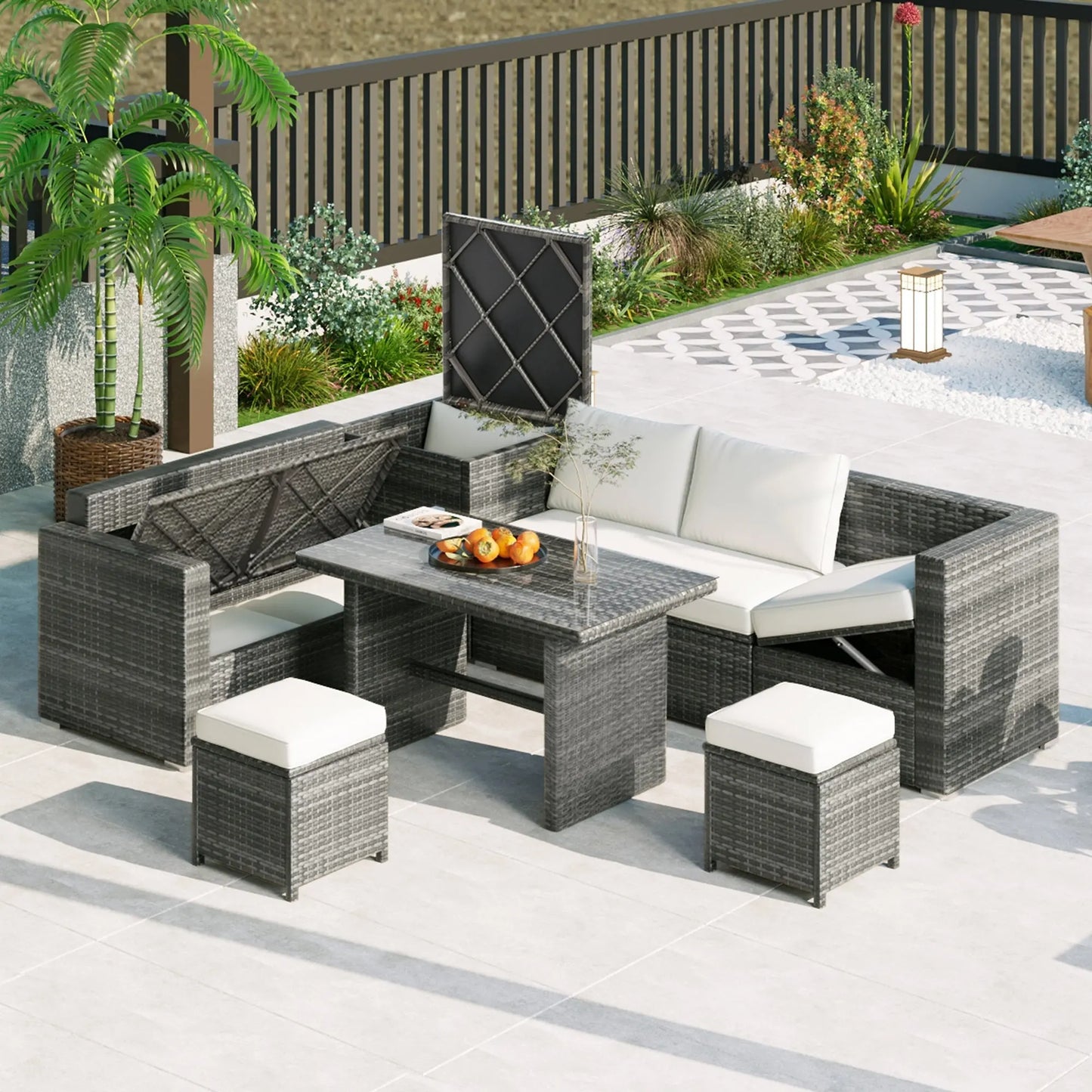 Outdoor 6-Piece All Weather PE Rattan Sofa Set; Garden Patio Wicker Sectional Furniture Set with Adjustable Seat; Storage Box; Removable Covers and Tempered Glass Top Table Doba