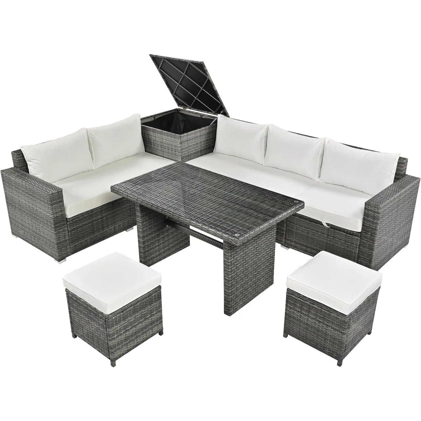 Outdoor 6-Piece All Weather PE Rattan Sofa Set; Garden Patio Wicker Sectional Furniture Set with Adjustable Seat; Storage Box; Removable Covers and Tempered Glass Top Table Doba