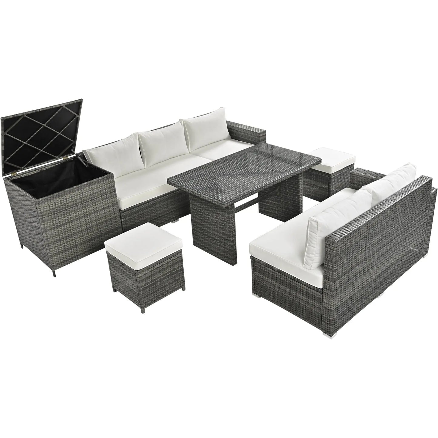 Outdoor 6-Piece All Weather PE Rattan Sofa Set; Garden Patio Wicker Sectional Furniture Set with Adjustable Seat; Storage Box; Removable Covers and Tempered Glass Top Table Doba