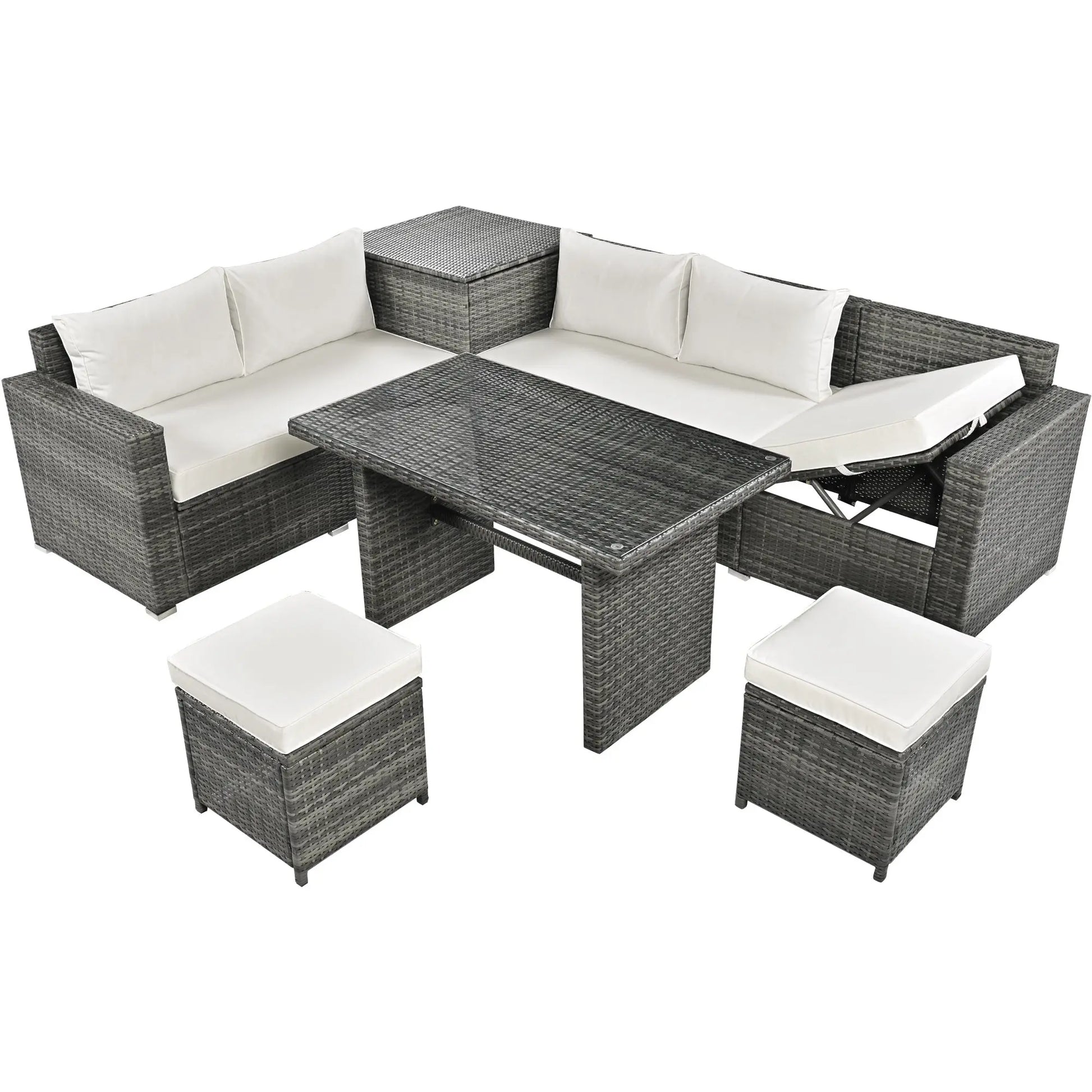 Outdoor 6-Piece All Weather PE Rattan Sofa Set; Garden Patio Wicker Sectional Furniture Set with Adjustable Seat; Storage Box; Removable Covers and Tempered Glass Top Table Doba