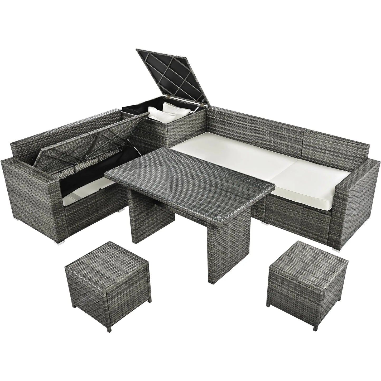 Outdoor 6-Piece All Weather PE Rattan Sofa Set; Garden Patio Wicker Sectional Furniture Set with Adjustable Seat; Storage Box; Removable Covers and Tempered Glass Top Table Doba