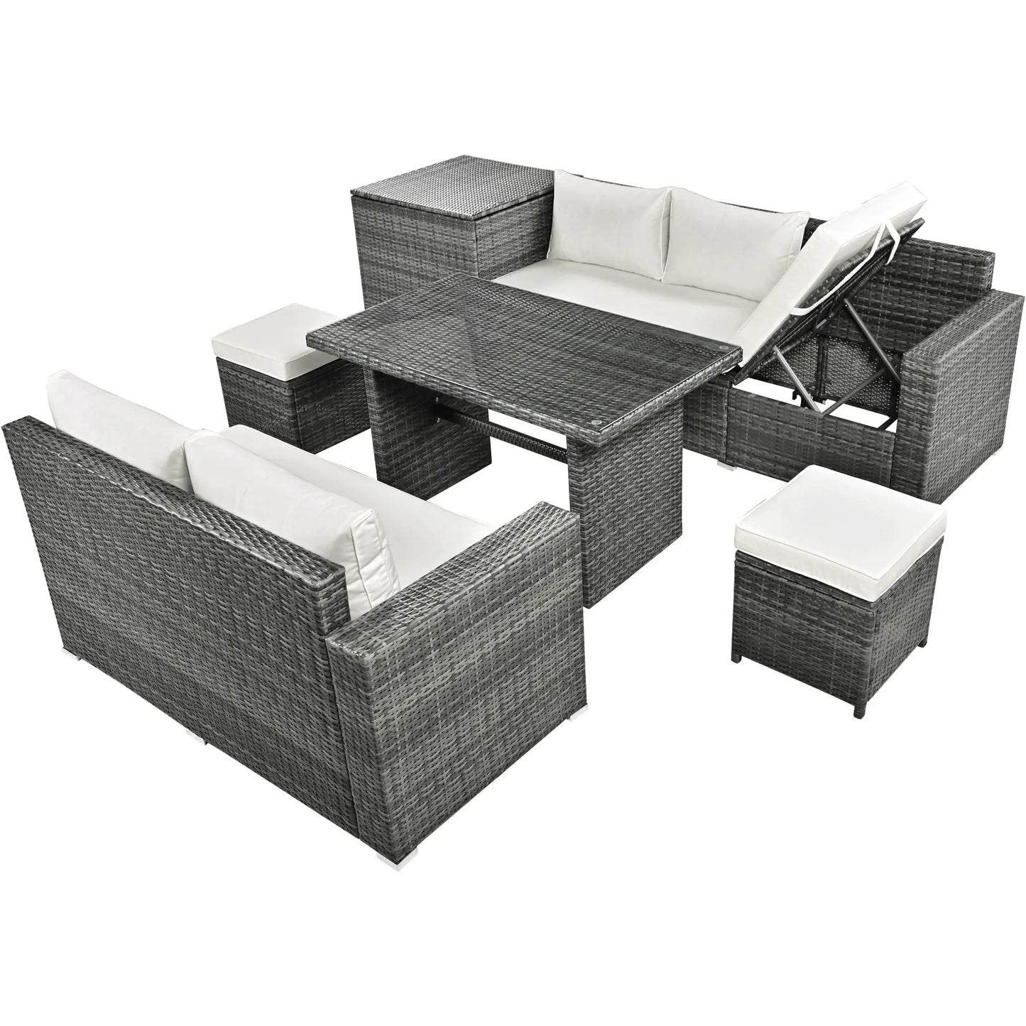 Outdoor 6-Piece All Weather PE Rattan Sofa Set; Garden Patio Wicker Sectional Furniture Set with Adjustable Seat; Storage Box; Removable Covers and Tempered Glass Top Table Doba