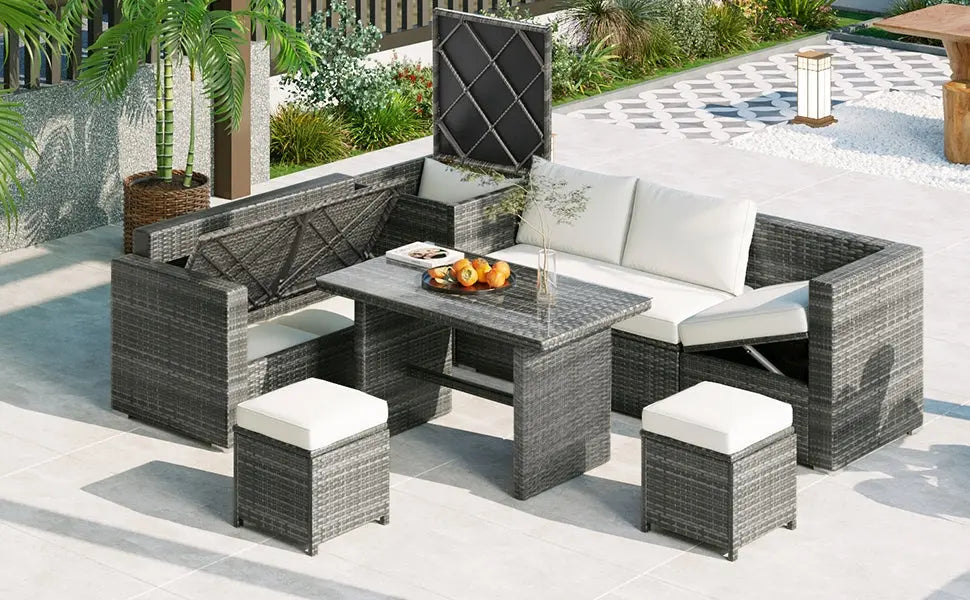 Outdoor 6-Piece All Weather PE Rattan Sofa Set; Garden Patio Wicker Sectional Furniture Set with Adjustable Seat; Storage Box; Removable Covers and Tempered Glass Top Table Doba