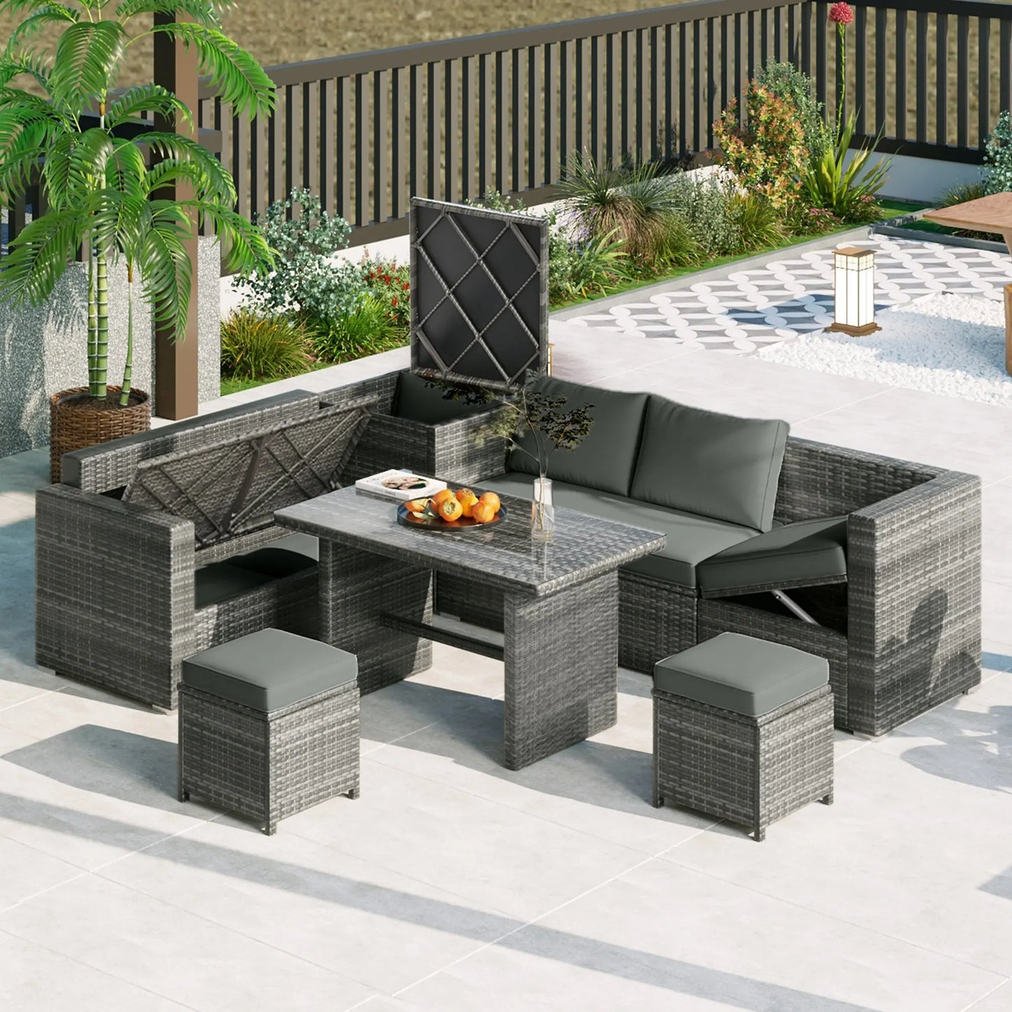 Outdoor 6-Piece All Weather PE Rattan Sofa Set; Garden Patio Wicker Sectional Furniture Set with Adjustable Seat; Storage Box; Removable Covers and Tempered Glass Top Table Doba