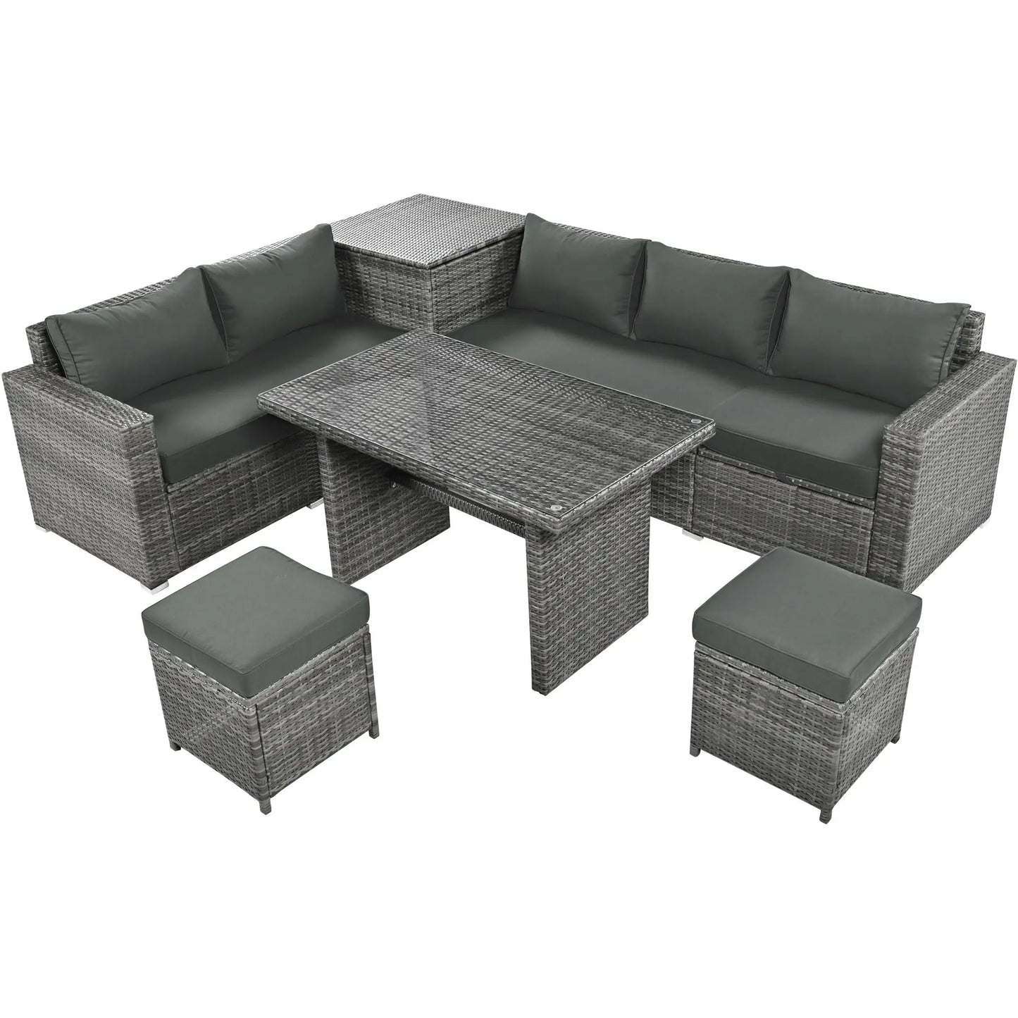 Outdoor 6-Piece All Weather PE Rattan Sofa Set; Garden Patio Wicker Sectional Furniture Set with Adjustable Seat; Storage Box; Removable Covers and Tempered Glass Top Table Doba