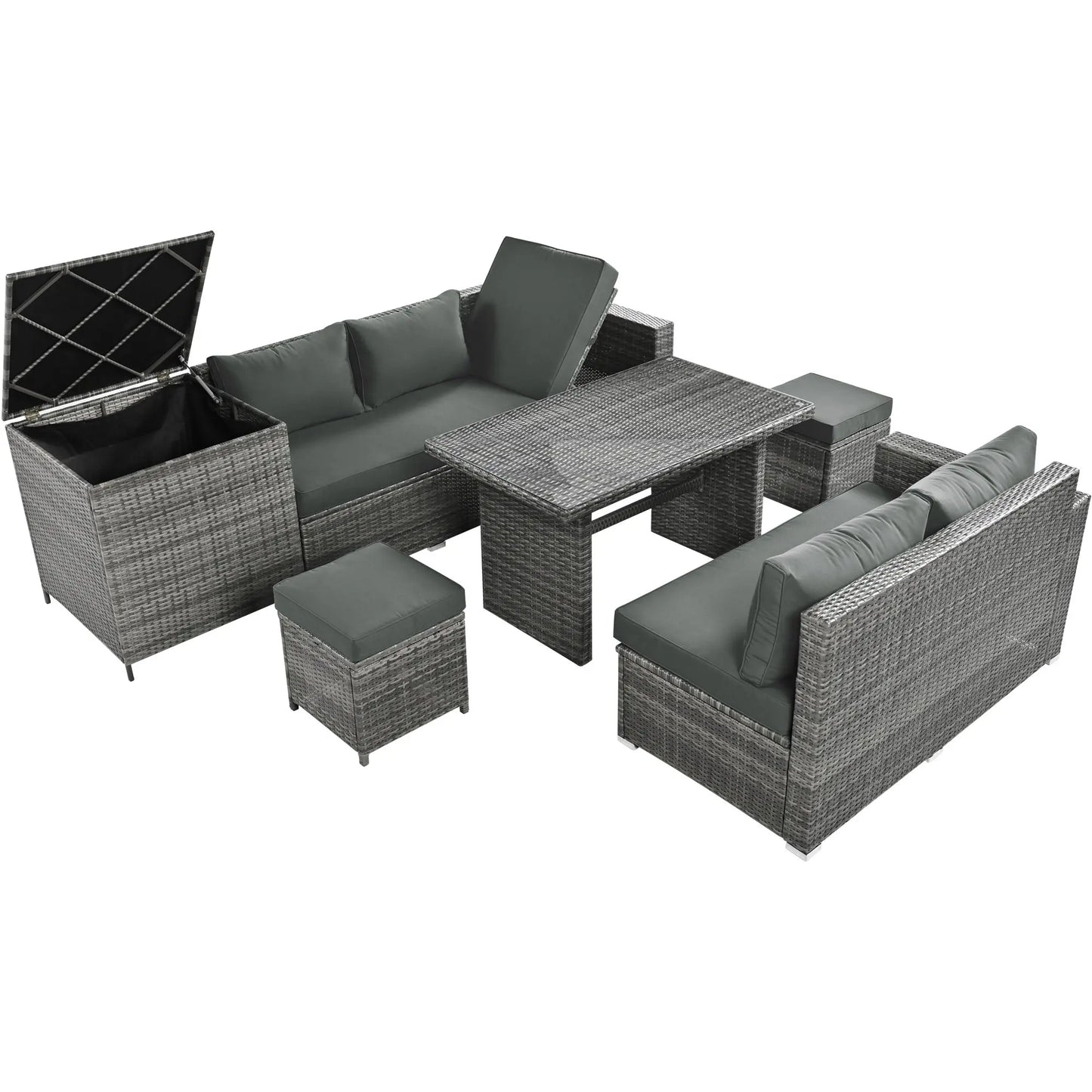 Outdoor 6-Piece All Weather PE Rattan Sofa Set; Garden Patio Wicker Sectional Furniture Set with Adjustable Seat; Storage Box; Removable Covers and Tempered Glass Top Table Doba