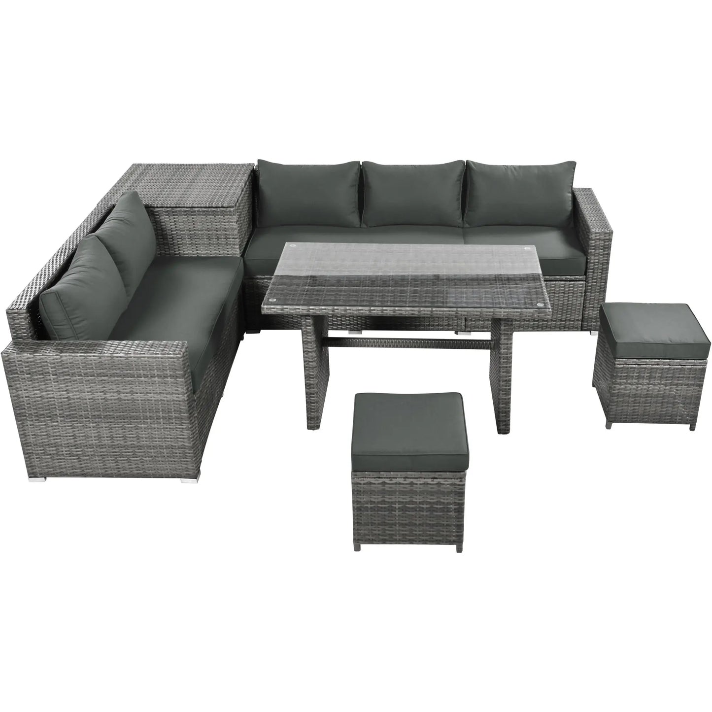 Outdoor 6-Piece All Weather PE Rattan Sofa Set; Garden Patio Wicker Sectional Furniture Set with Adjustable Seat; Storage Box; Removable Covers and Tempered Glass Top Table Doba