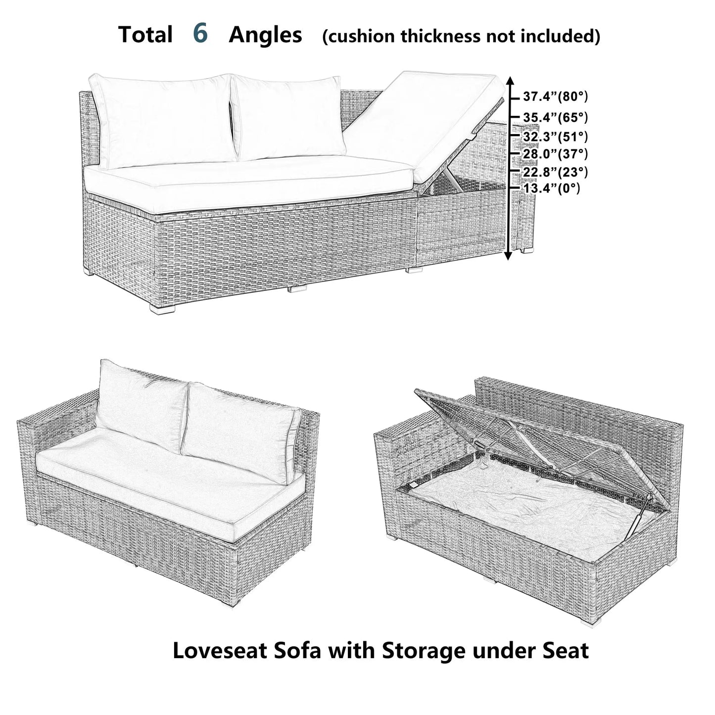 Outdoor 6-Piece All Weather PE Rattan Sofa Set; Garden Patio Wicker Sectional Furniture Set with Adjustable Seat; Storage Box; Removable Covers and Tempered Glass Top Table Doba