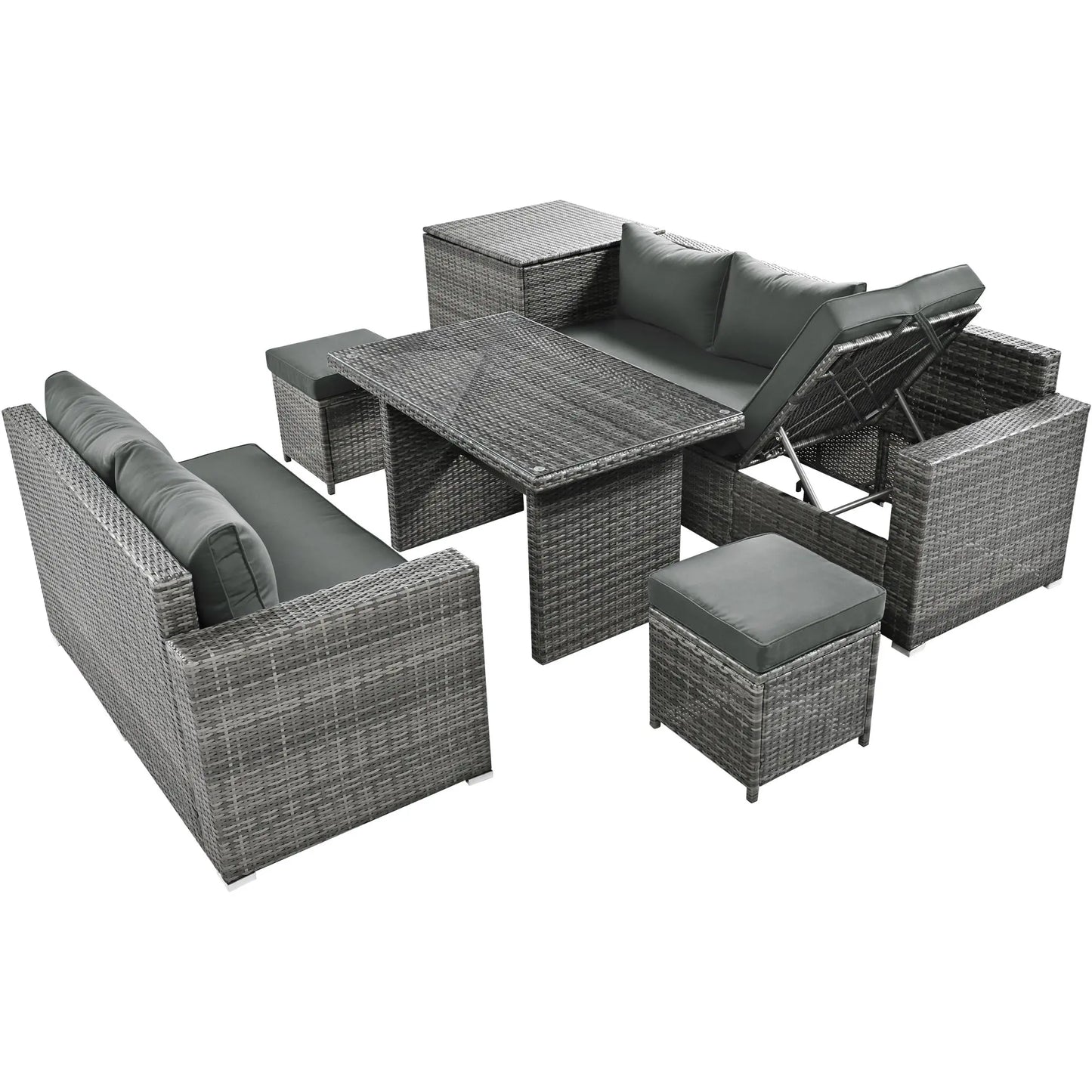 Outdoor 6-Piece All Weather PE Rattan Sofa Set; Garden Patio Wicker Sectional Furniture Set with Adjustable Seat; Storage Box; Removable Covers and Tempered Glass Top Table Doba