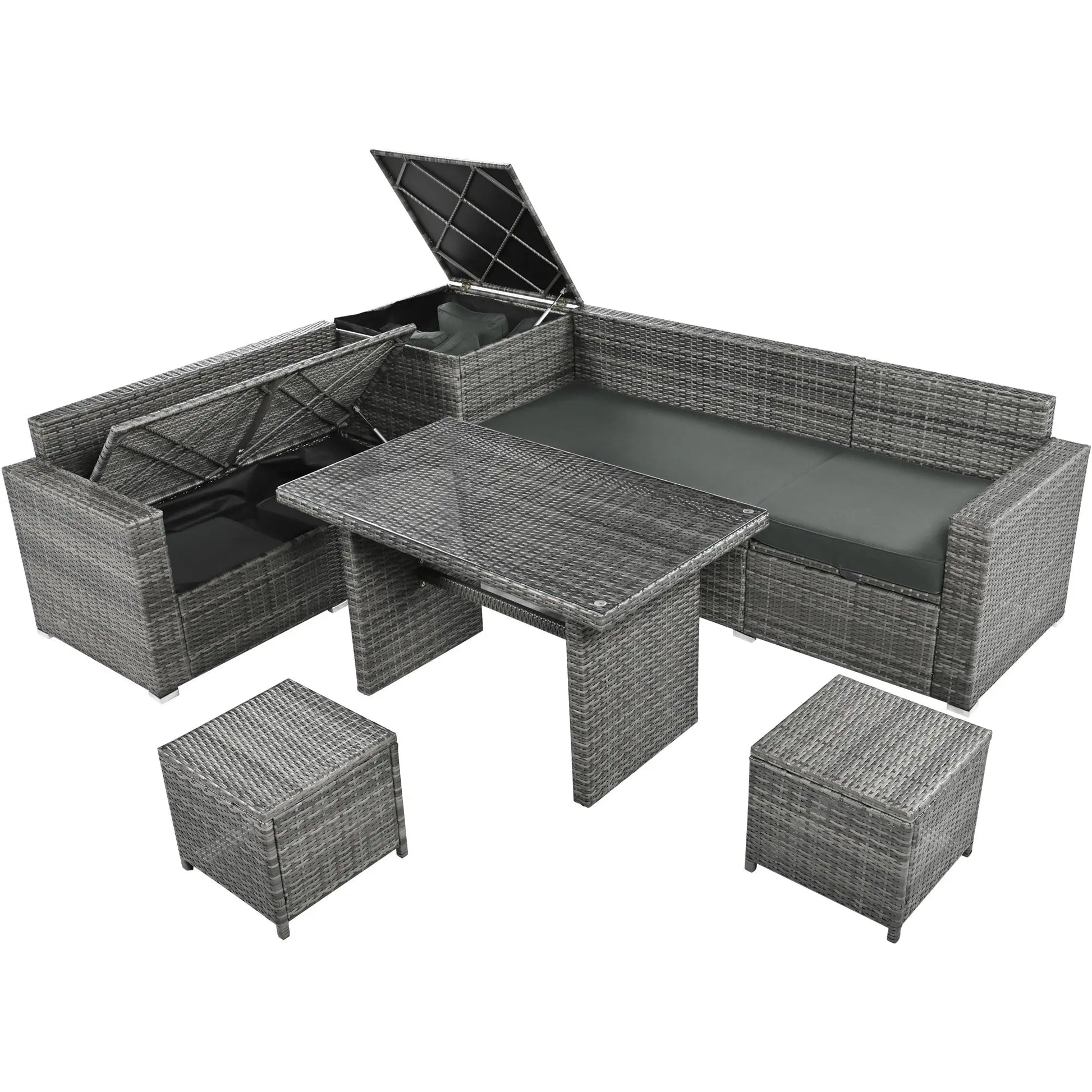 Outdoor 6-Piece All Weather PE Rattan Sofa Set; Garden Patio Wicker Sectional Furniture Set with Adjustable Seat; Storage Box; Removable Covers and Tempered Glass Top Table Doba