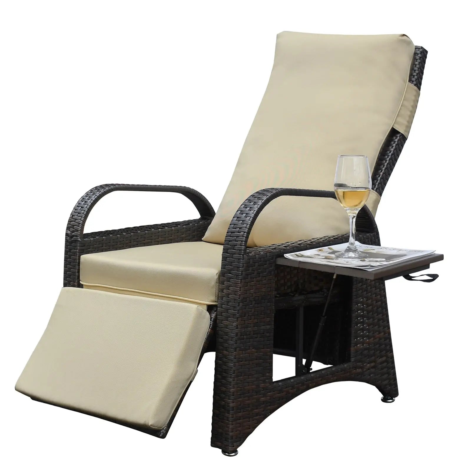 Outdoor Adjustable Wicker Recliner with Flip Table, Recliner with Style Doba