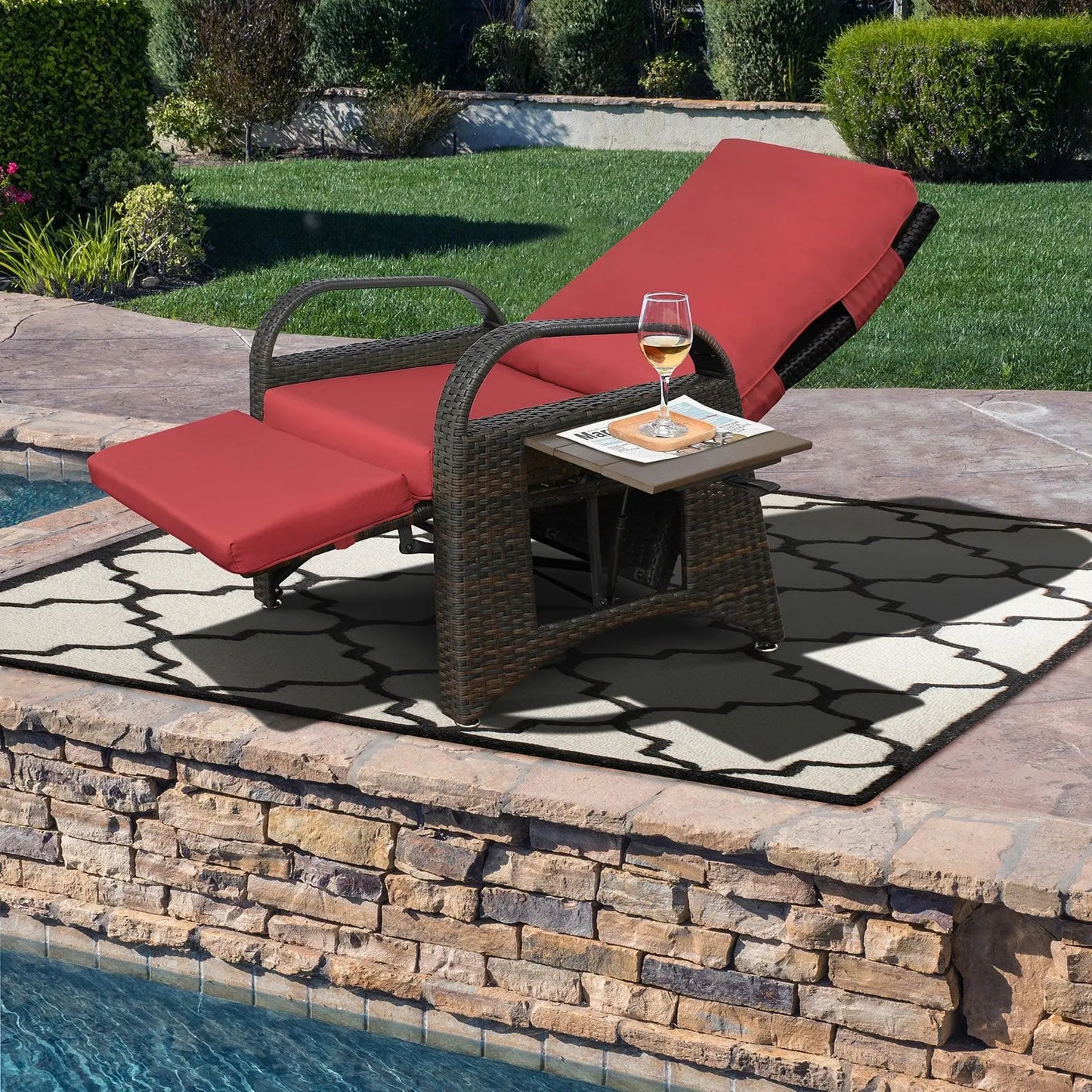 Outdoor Adjustable Wicker Recliner with Flip Table, Recliner with Style Doba