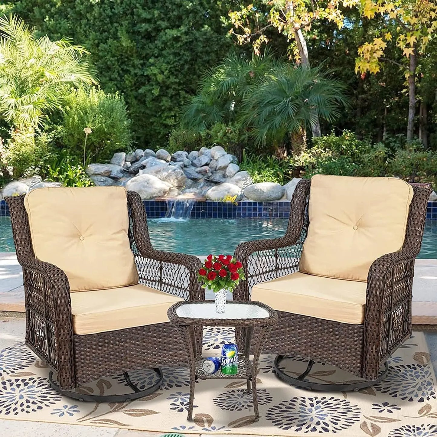 Outdoor Bistro Set 3 Pieces;  Outdoor Resin Wicker Swivel Rocker Patio Chair;  360-Degree Swivel Rocking Chairs and Tempered Glass Top Side Coffee Table;  Outdoor Rattan Conversation Sets Doba