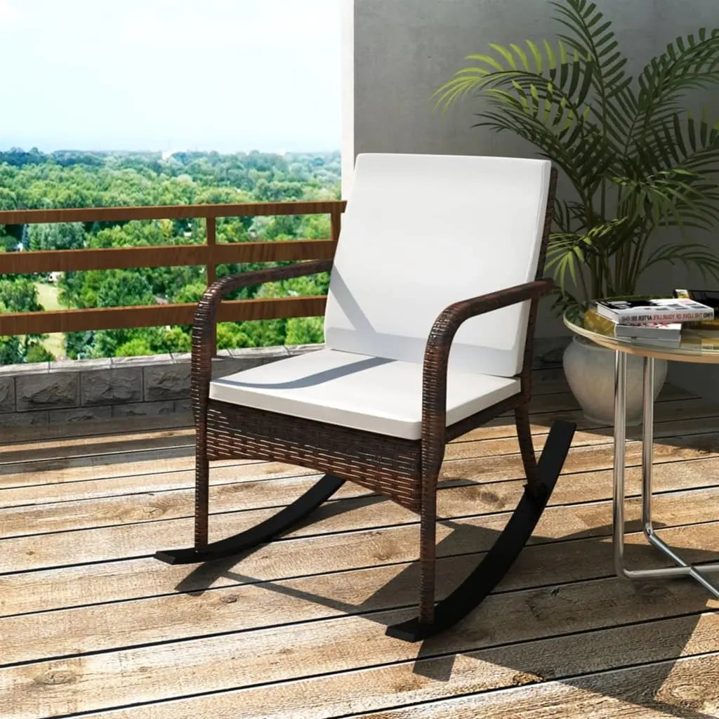 Outdoor Rocking Chair Brown Poly Rattan, with White Cushion, Patio, Backyard, Porch Rocker Doba