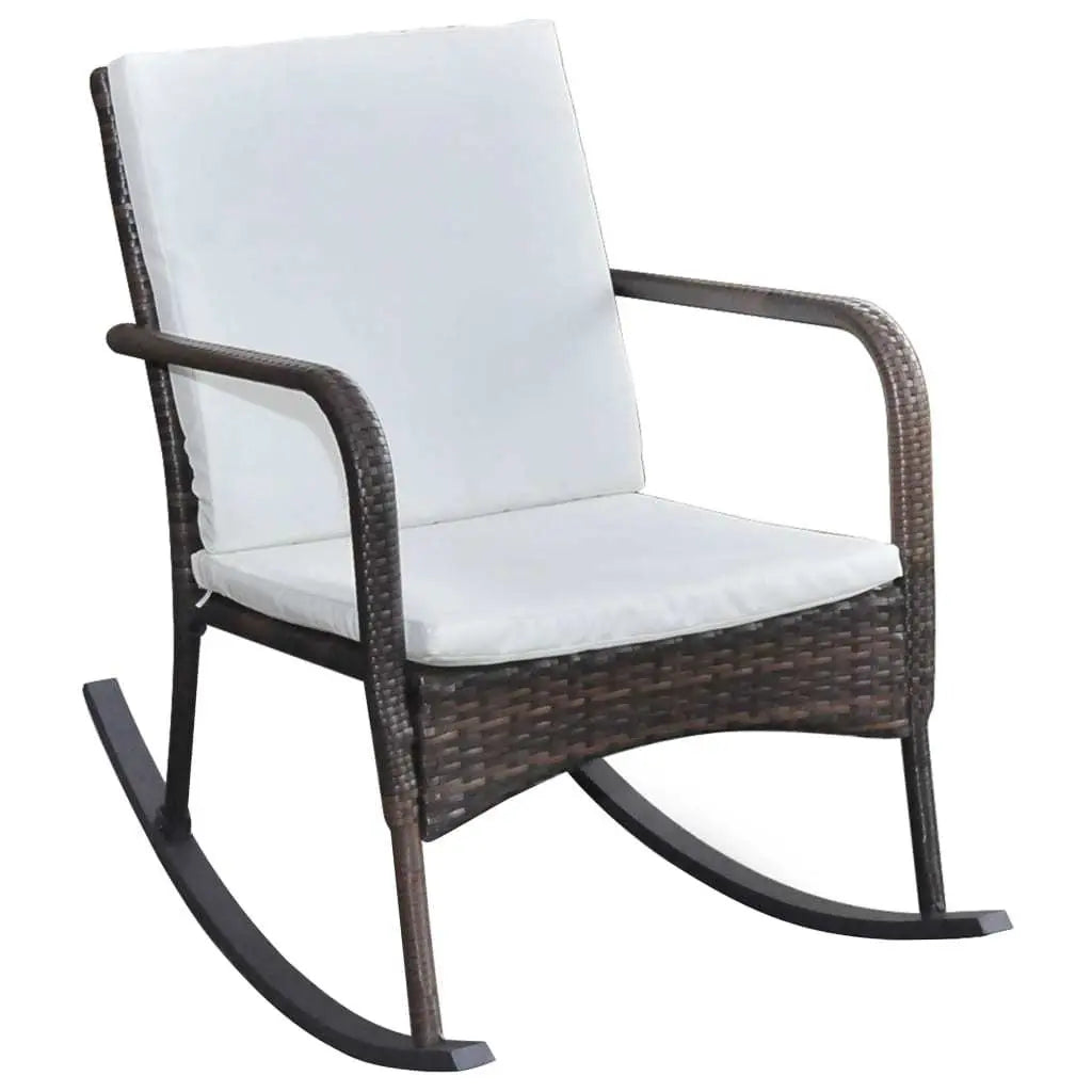 Outdoor Rocking Chair Brown Poly Rattan, with White Cushion, Patio, Backyard, Porch Rocker Doba