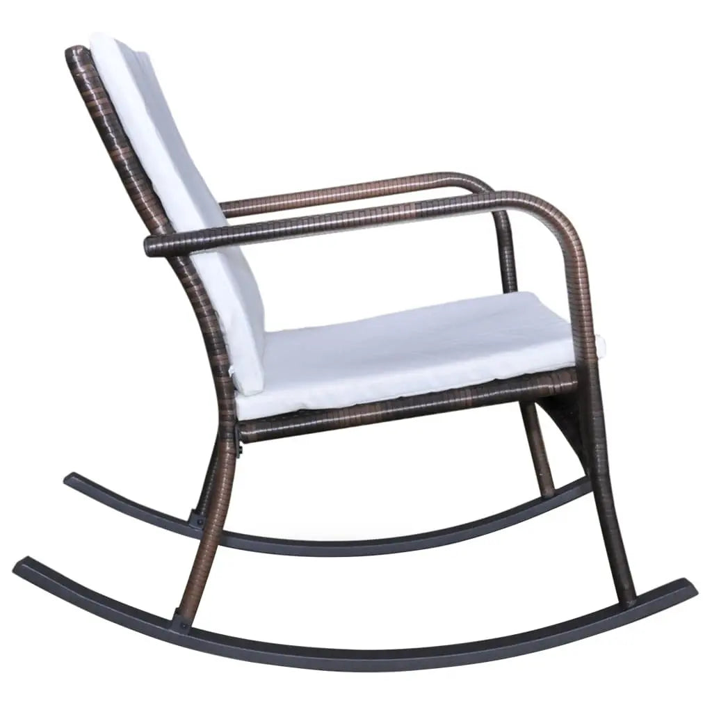 Outdoor Rocking Chair Brown Poly Rattan, with White Cushion, Patio, Backyard, Porch Rocker Doba