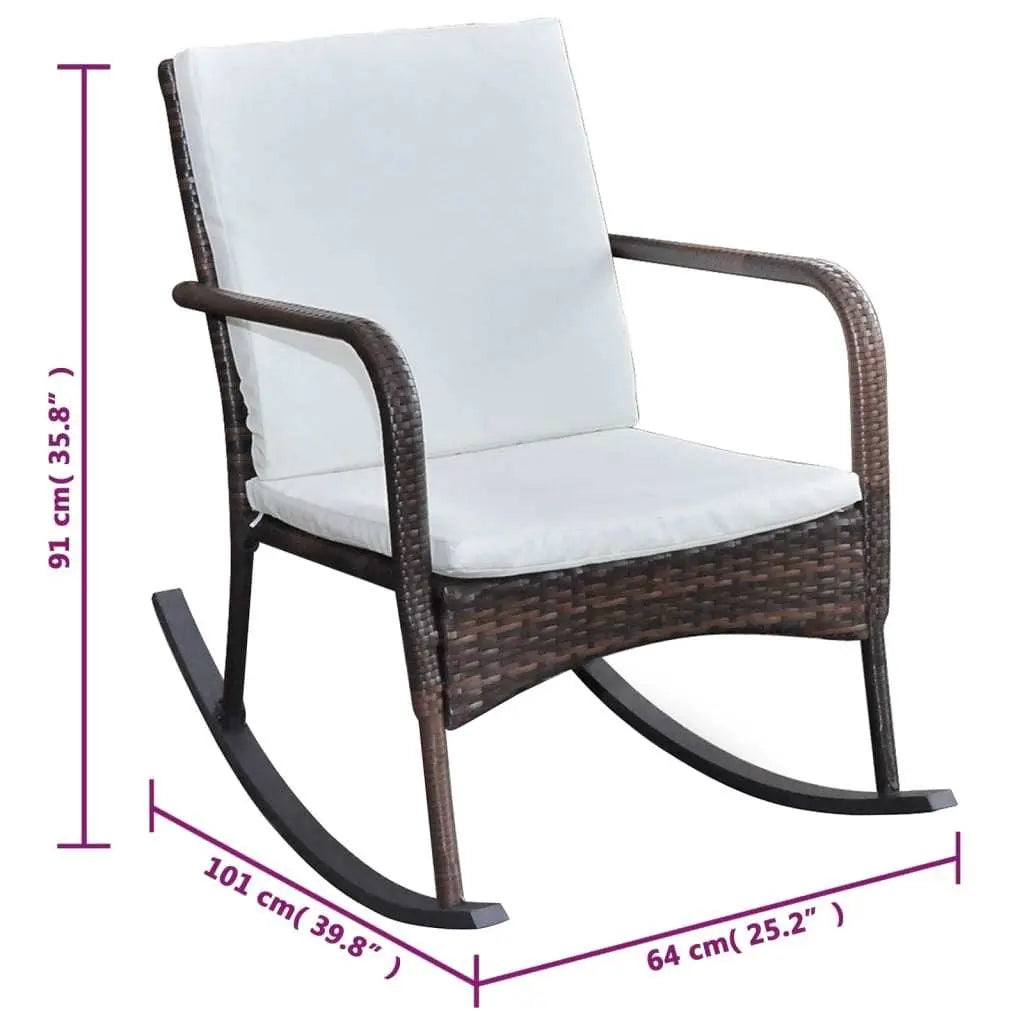 Outdoor Rocking Chair Brown Poly Rattan, with White Cushion, Patio, Backyard, Porch Rocker Doba