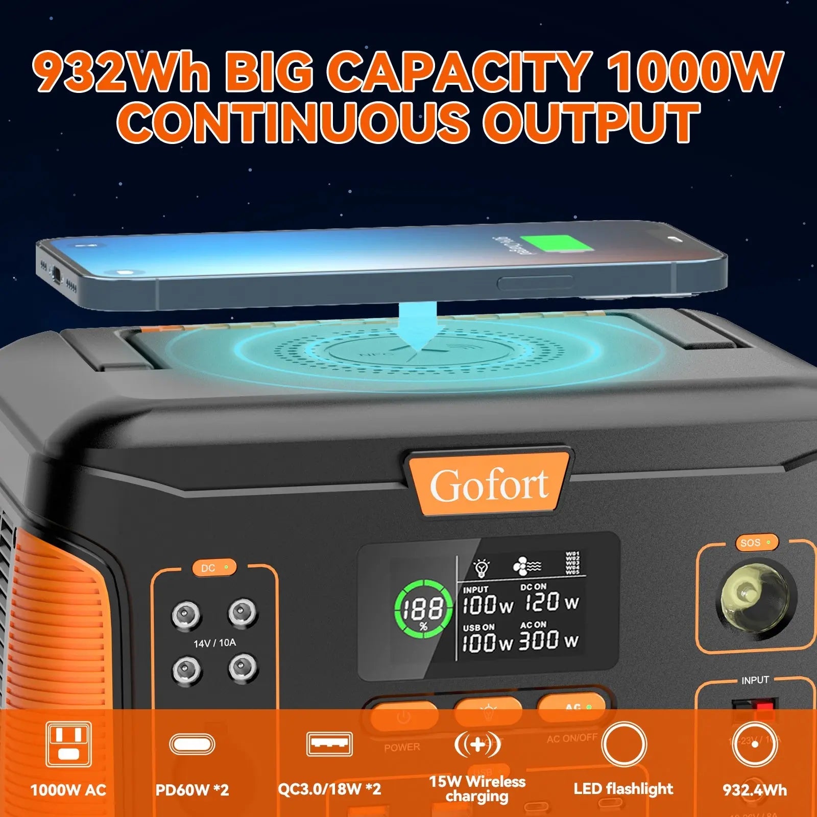 Solar Power Generator, 1000W, GOFORT Portable Power Station 932Wh/1000W Wireless Charger 15W PD 60W Type-C/QC3.0/Outlets Solar Generator CPAP Battery Power Emergency Backup Power for Home Outdoor RV Camping Fishing Doba