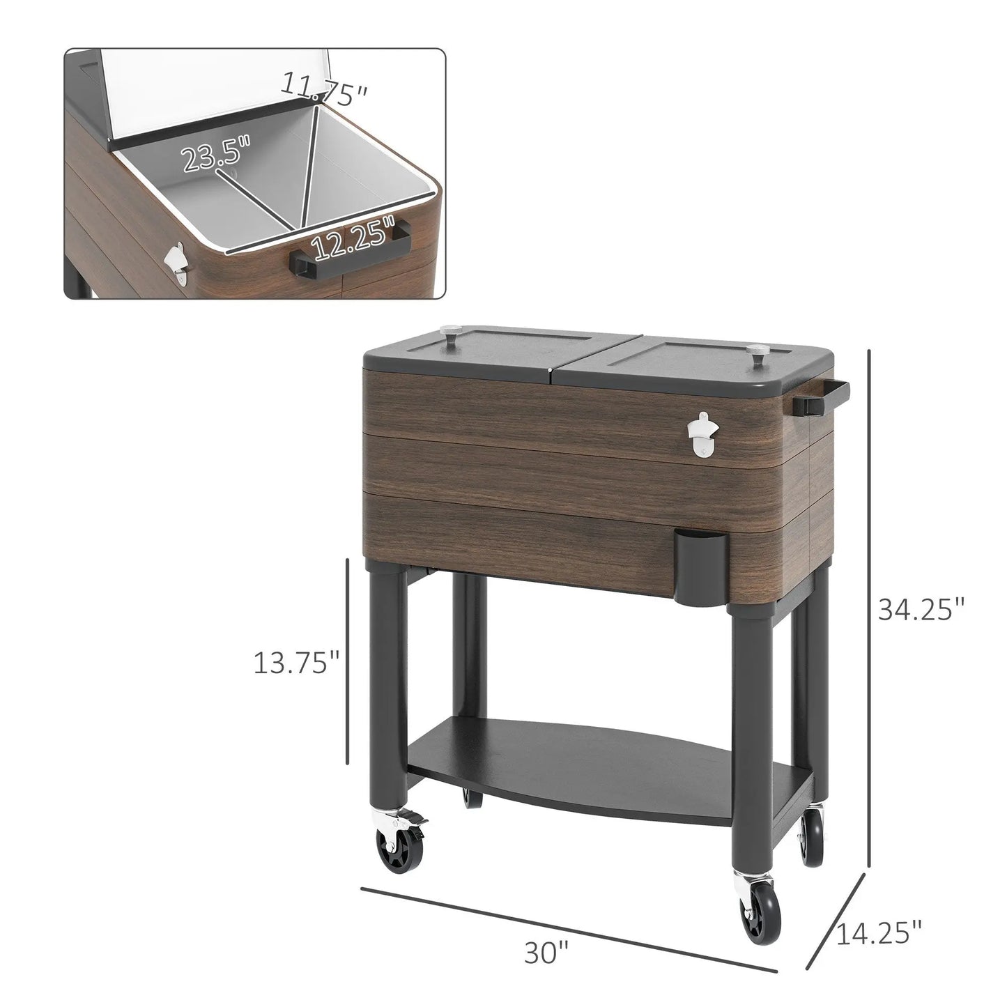 Outsunny Outdoor 60 Quart Cooler Cart, Rolling Beverage Ice Chest, Rugged Steel Patio Cooler with Locking Wheels,  Poolside BBQs, Brown Doba