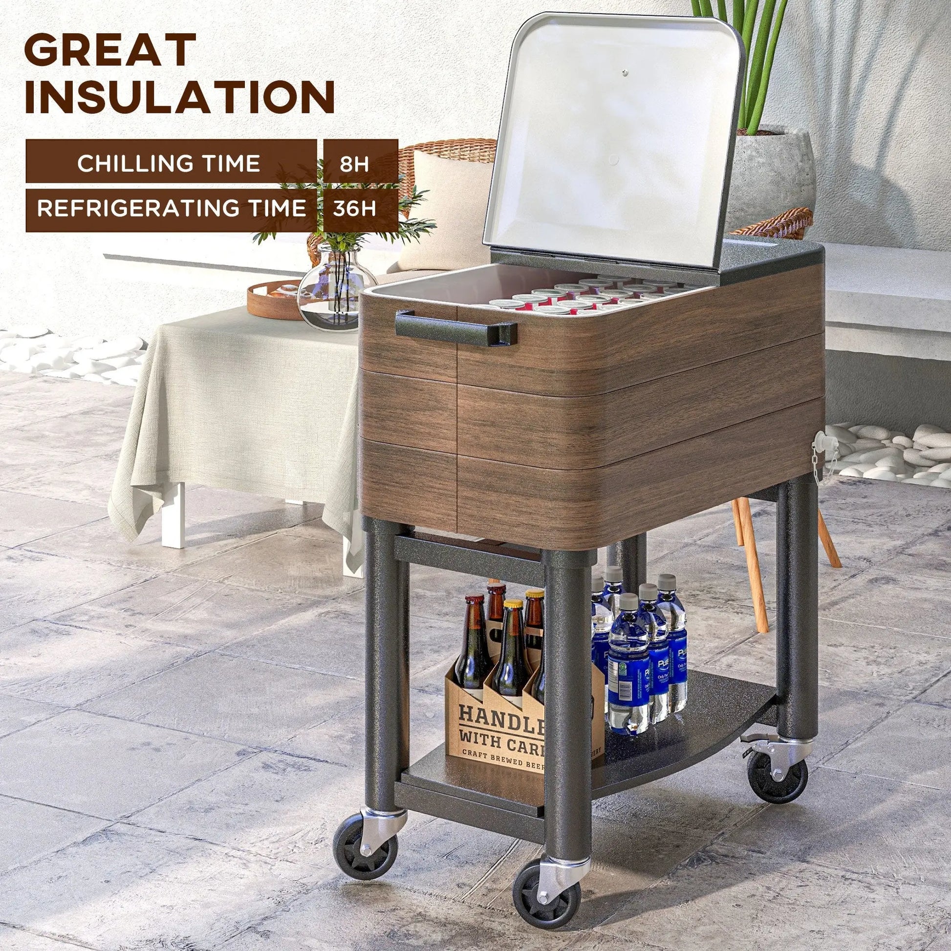 Outsunny Outdoor 60 Quart Cooler Cart, Rolling Beverage Ice Chest, Rugged Steel Patio Cooler with Locking Wheels,  Poolside BBQs, Brown Doba