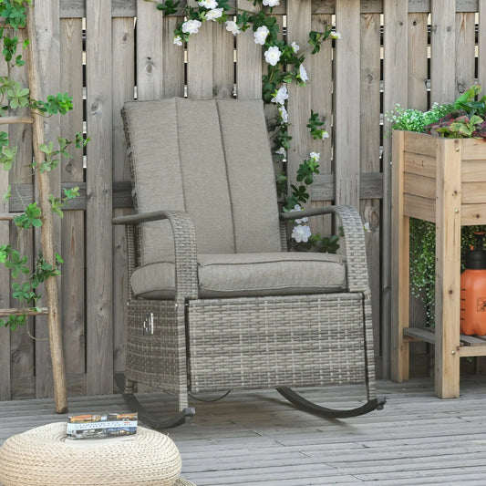 Outsunny Outdoor Rattan Rocking Chair Patio Recliner with Soft Cushions, Adjustable Footrest, Max. 135 Degree Backrest, PE Wicker, Gray Doba