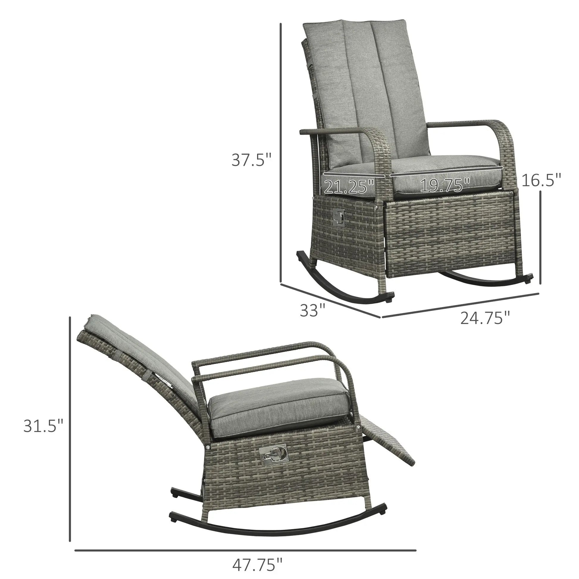 Outsunny Outdoor Rattan Rocking Chair Patio Recliner with Soft Cushions, Adjustable Footrest, Max. 135 Degree Backrest, PE Wicker, Gray Doba