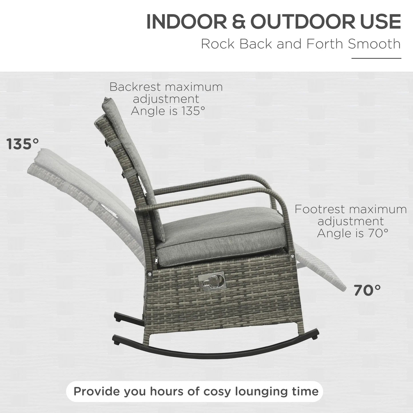 Outsunny Outdoor Rattan Rocking Chair Patio Recliner with Soft Cushions, Adjustable Footrest, Max. 135 Degree Backrest, PE Wicker, Gray Doba