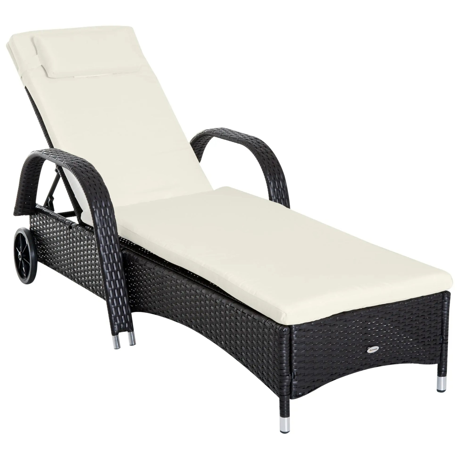 Outsunny Wicker Outdoor Chaise Lounge, 5-Level Adjustable Backrest PE Rattan Pool Lounge Chair with Wheels, Cushion & Headrest, Dark Coffee and Cream White Doba