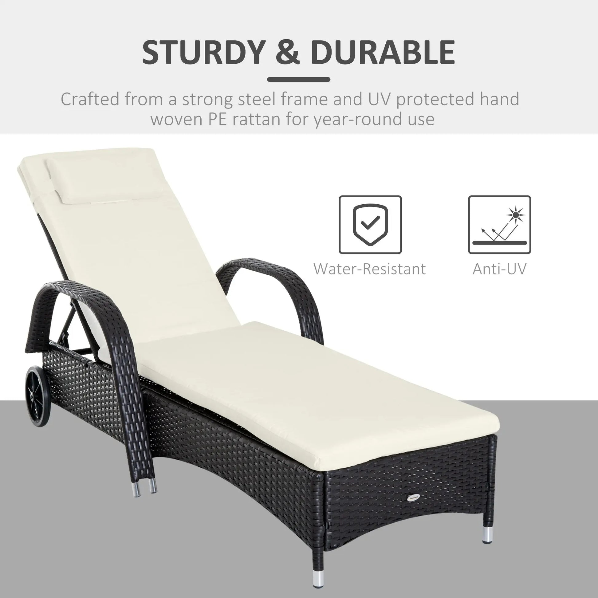 Outsunny Wicker Outdoor Chaise Lounge, 5-Level Adjustable Backrest PE Rattan Pool Lounge Chair with Wheels, Cushion & Headrest, Dark Coffee and Cream White Doba