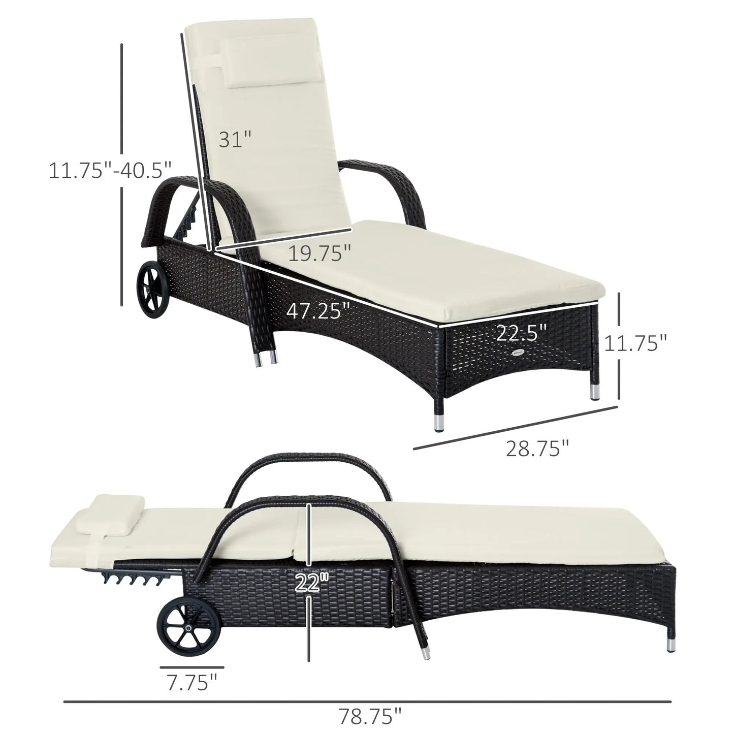 Outsunny Wicker Outdoor Chaise Lounge, 5-Level Adjustable Backrest PE Rattan Pool Lounge Chair with Wheels, Cushion & Headrest, Dark Coffee and Cream White Doba