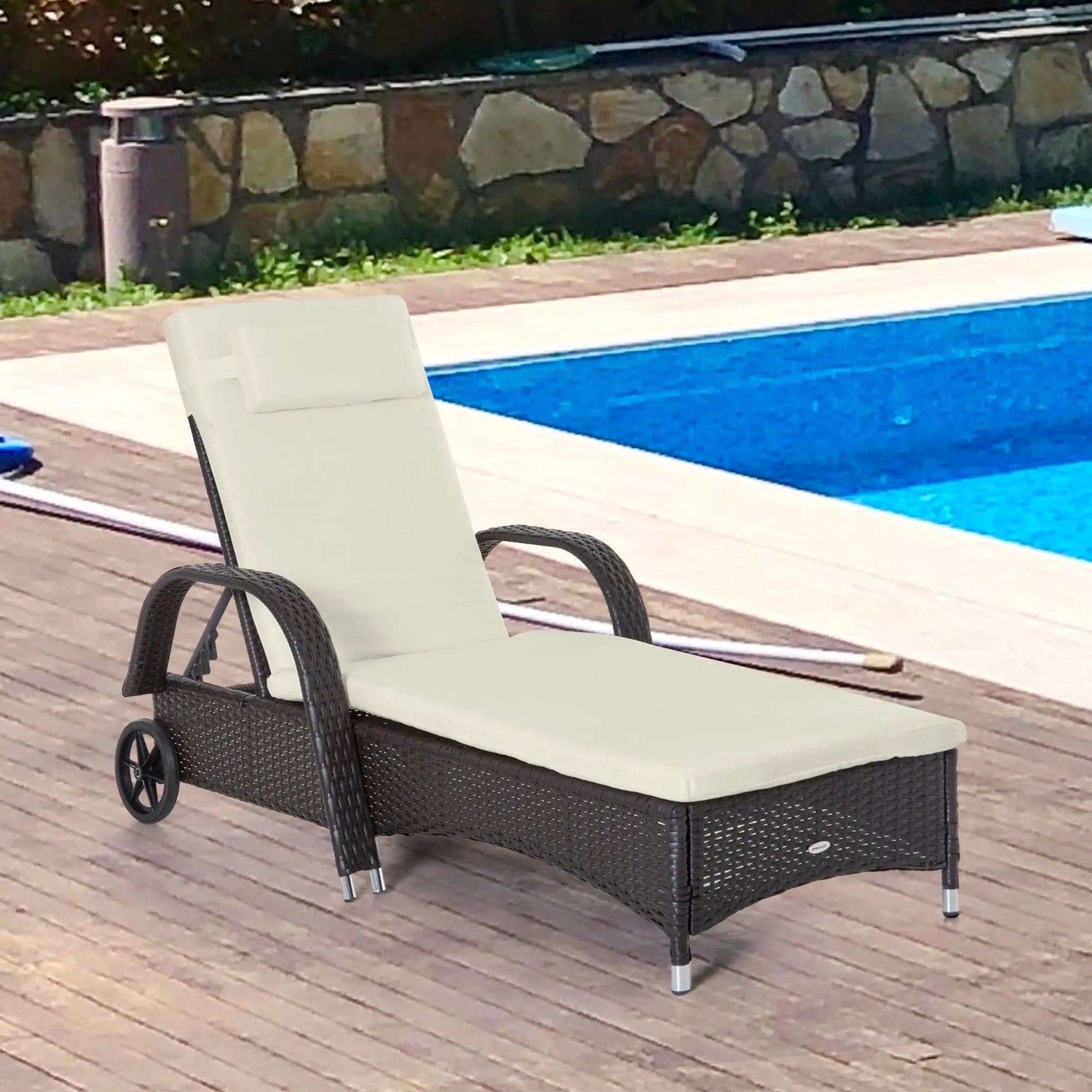 Outsunny Wicker Outdoor Chaise Lounge, 5-Level Adjustable Backrest PE Rattan Pool Lounge Chair with Wheels, Cushion & Headrest, Dark Coffee and Cream White Doba