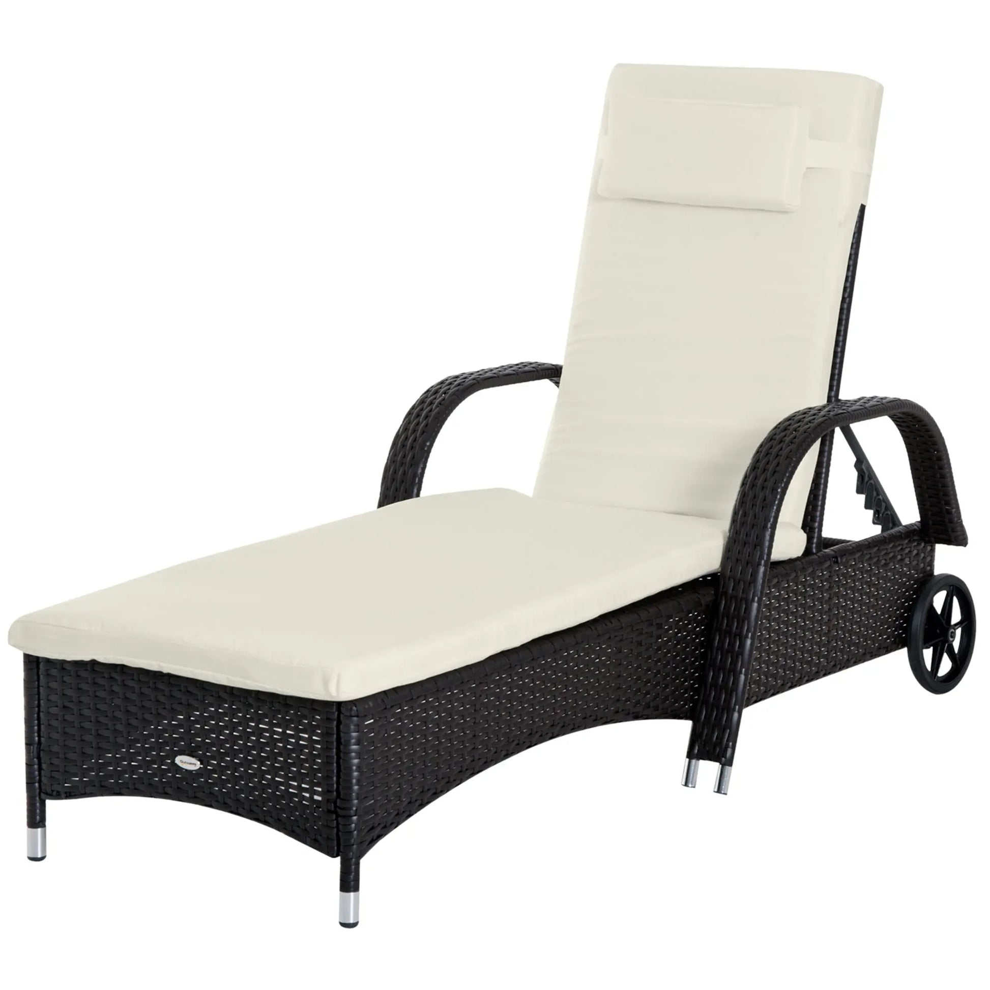 Outsunny Wicker Outdoor Chaise Lounge, 5-Level Adjustable Backrest PE Rattan Pool Lounge Chair with Wheels, Cushion & Headrest, Dark Coffee and Cream White Doba