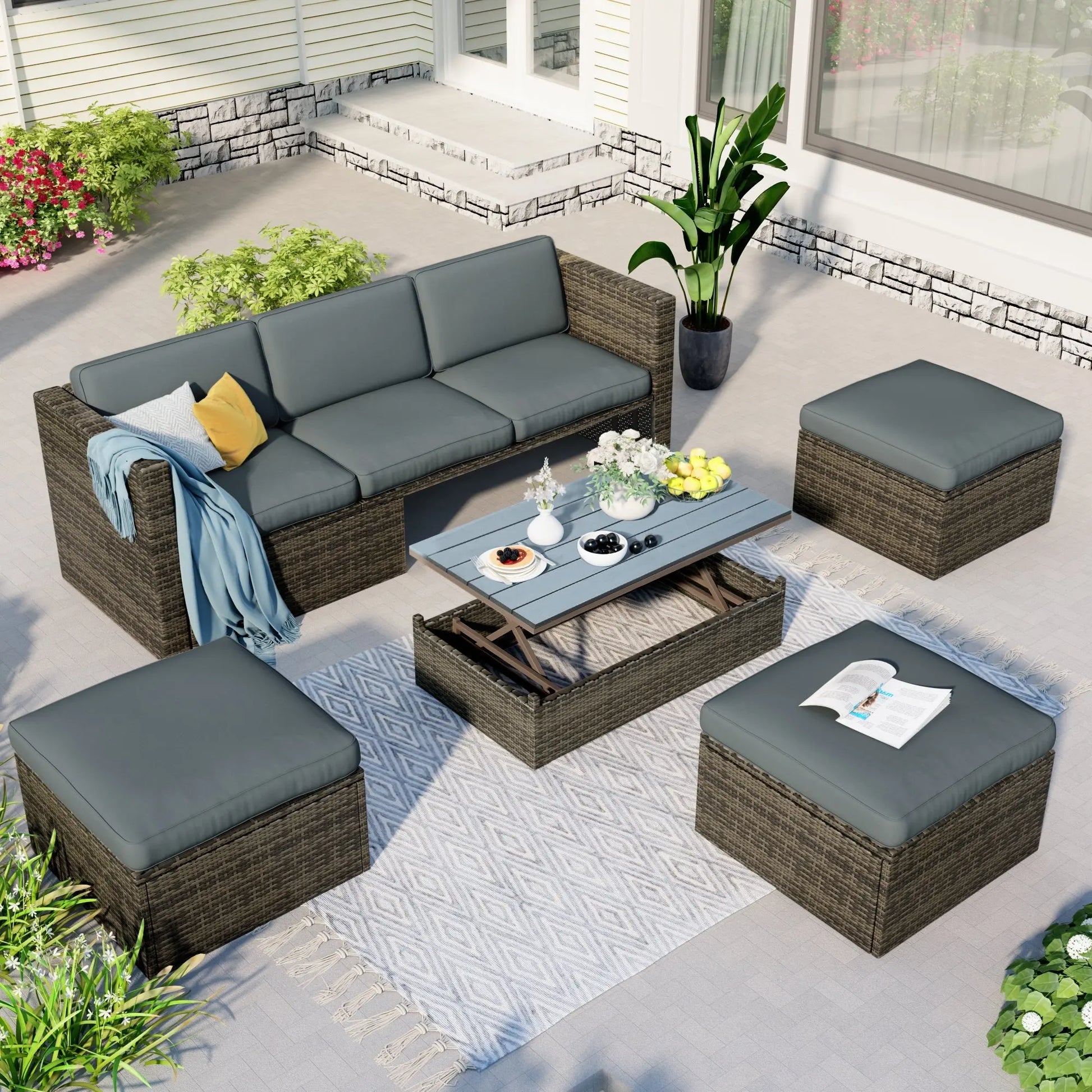 Patio Furniture Sets, 5-Piece Patio Wicker Sofa with Adustable Backrest, Cushions, Ottomans and Lift Top Coffee Table Doba