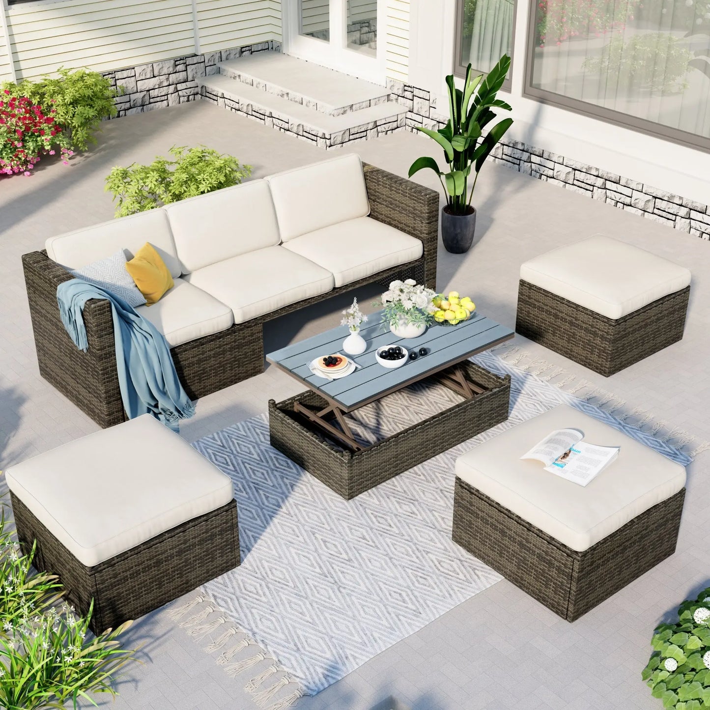 Patio Furniture Sets, 5-Piece Patio Wicker Sofa with Adustable Backrest, Cushions, Ottomans and Lift Top Coffee Table Doba