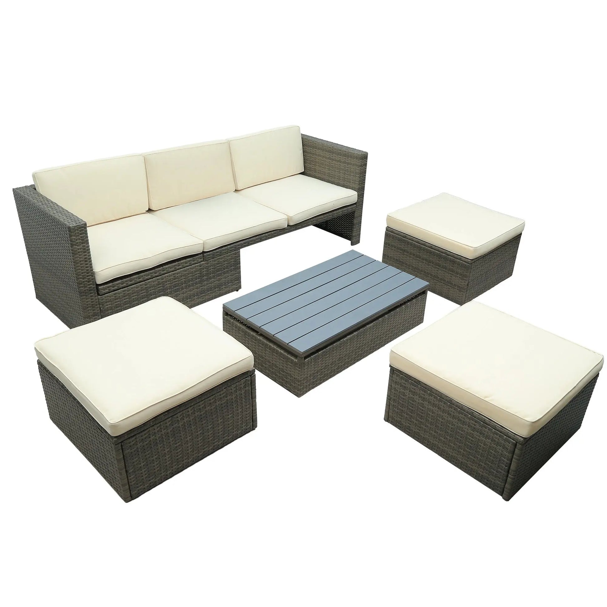 Patio Furniture Sets, 5-Piece Patio Wicker Sofa with Adustable Backrest, Cushions, Ottomans and Lift Top Coffee Table Doba