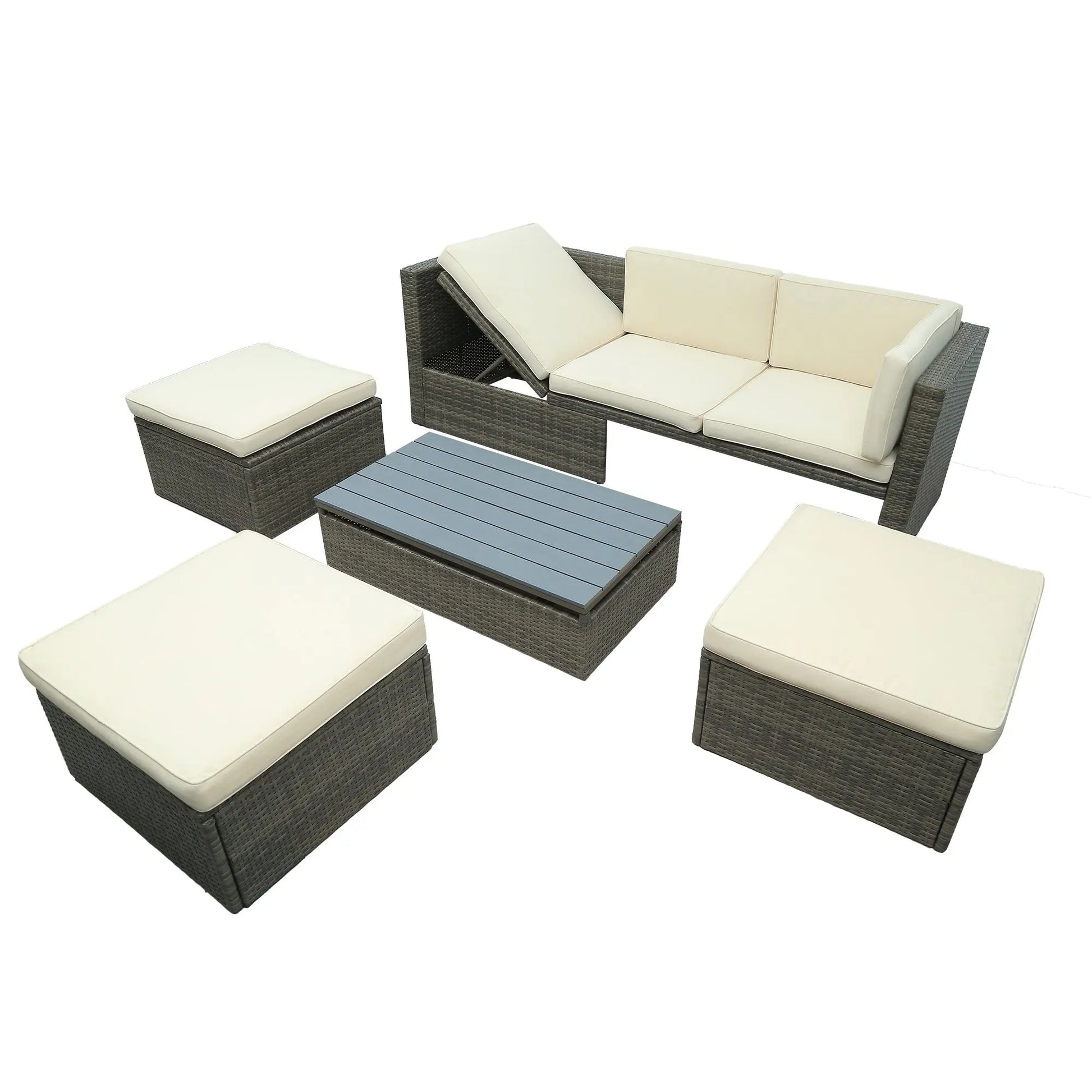 Patio Furniture Sets, 5-Piece Patio Wicker Sofa with Adustable Backrest, Cushions, Ottomans and Lift Top Coffee Table Doba