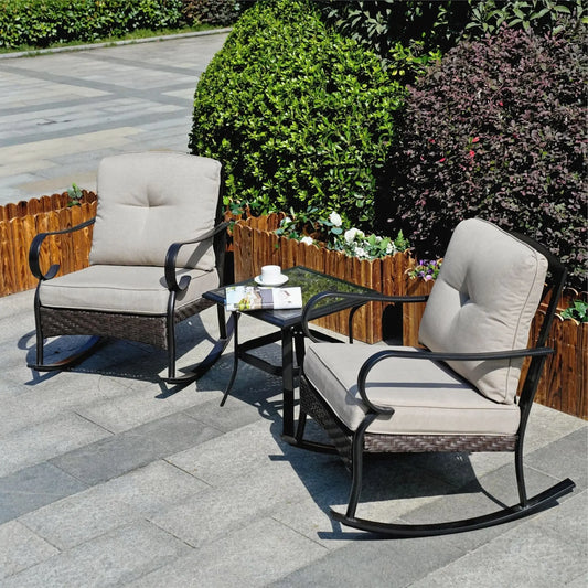 Patio Garden Wicker Rocking Chair*2 and H18.91" Table Set, Tempered Glass Top Doba