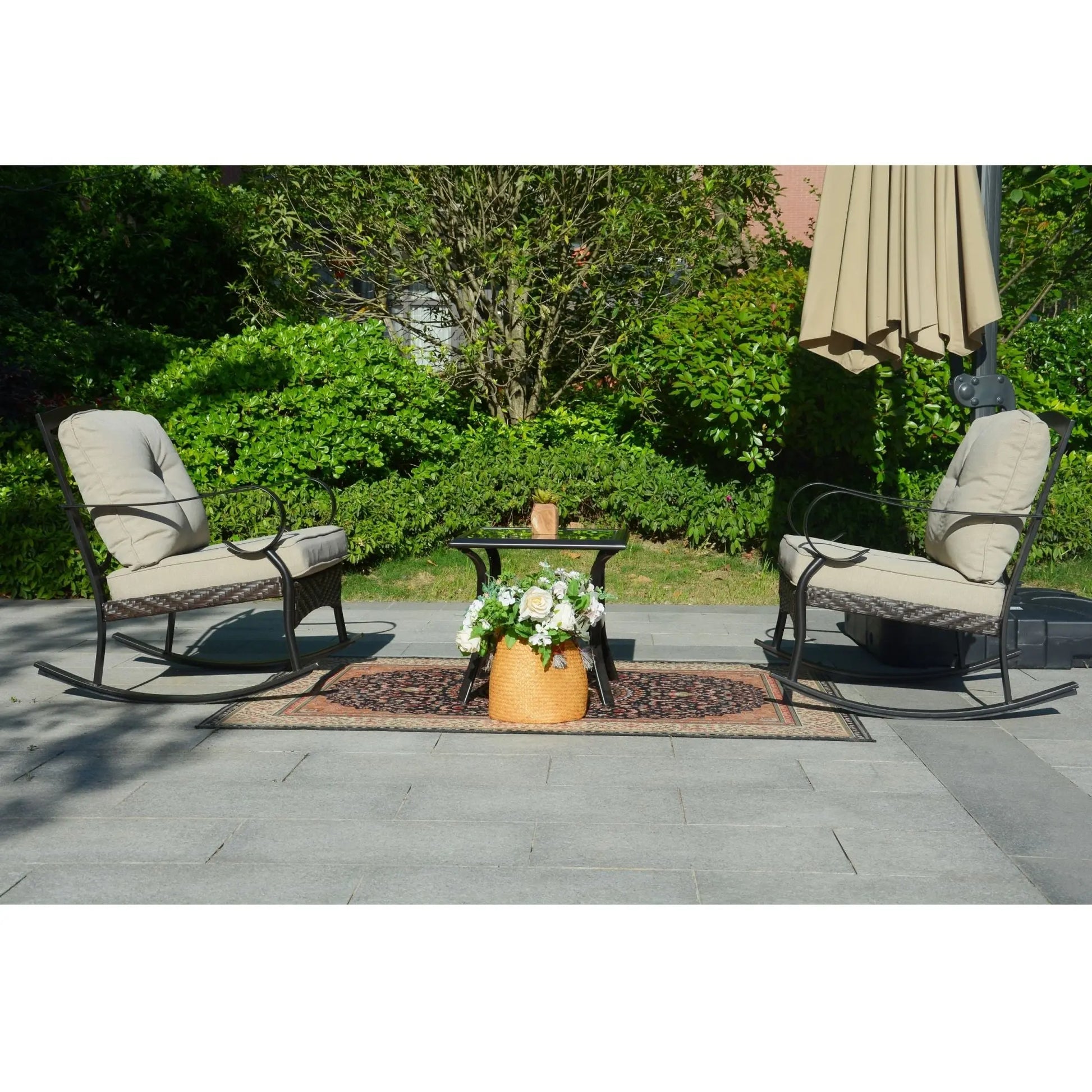 Patio Garden Wicker Rocking Chair*2 and H18.91" Table Set, Tempered Glass Top Doba