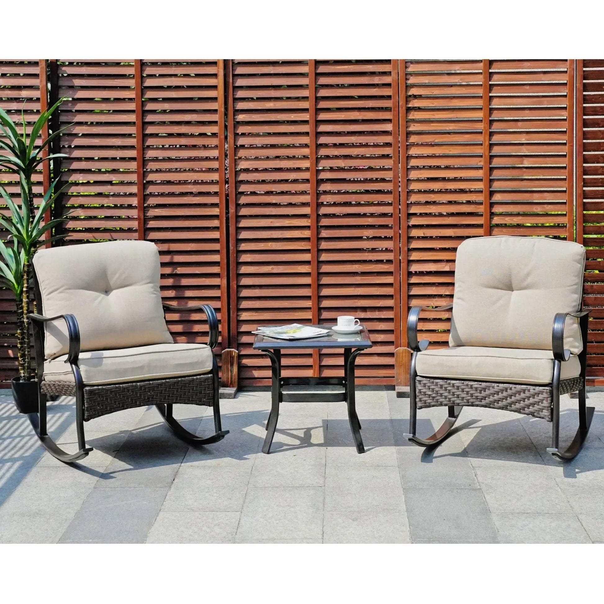 Patio Garden Wicker Rocking Chair*2 and H18.91" Table Set, Tempered Glass Top Doba