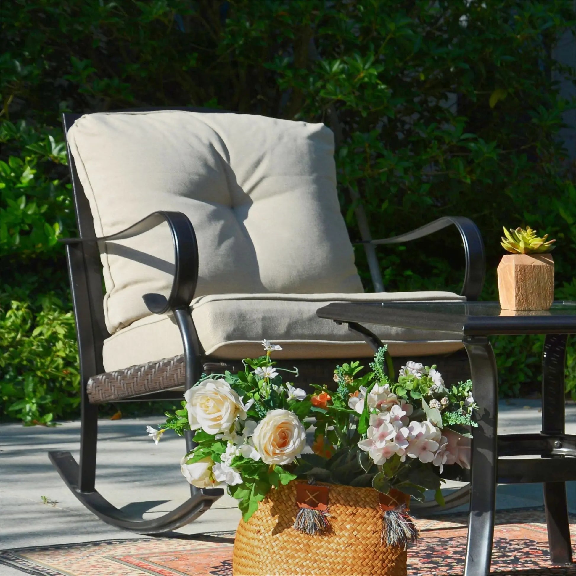 Patio Garden Wicker Rocking Chair*2 and H18.91" Table Set, Tempered Glass Top Doba