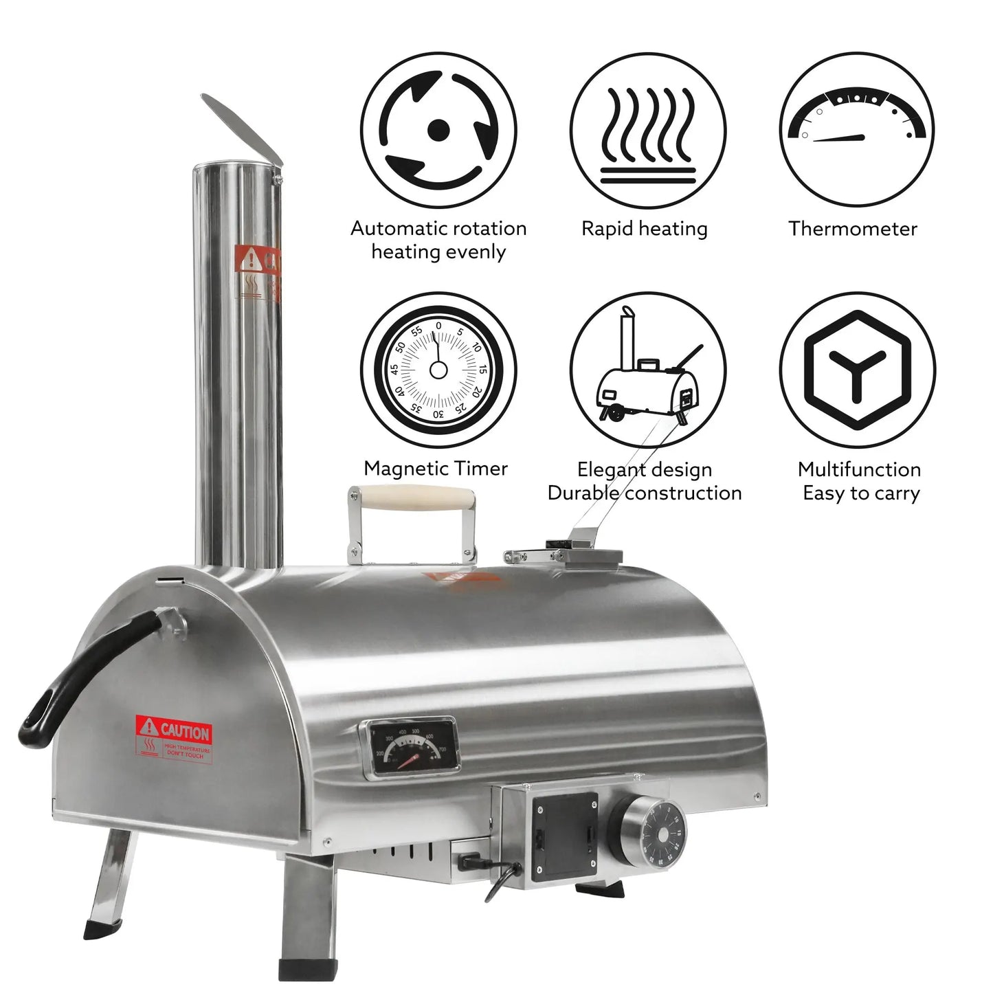 Pizza Oven Outdoor 12" Automatic Rotatable Pizza Ovens Portable Stainless Steel Wood Fired Pizza Oven Pizza Maker with Built-in Thermometer Pizza Cutter Carry Bag Doba